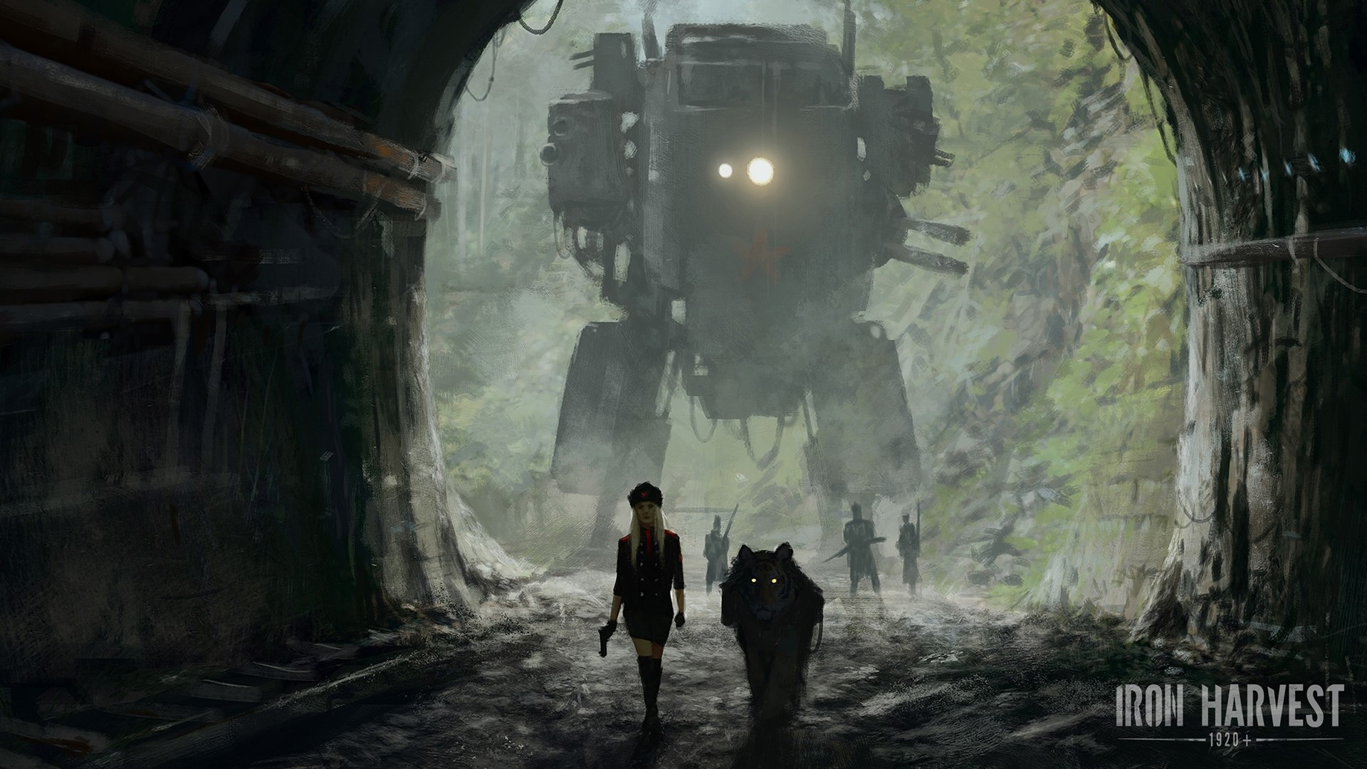 Rusviet soldier with wolf and mech in Iron Harvest HD Wallpaper