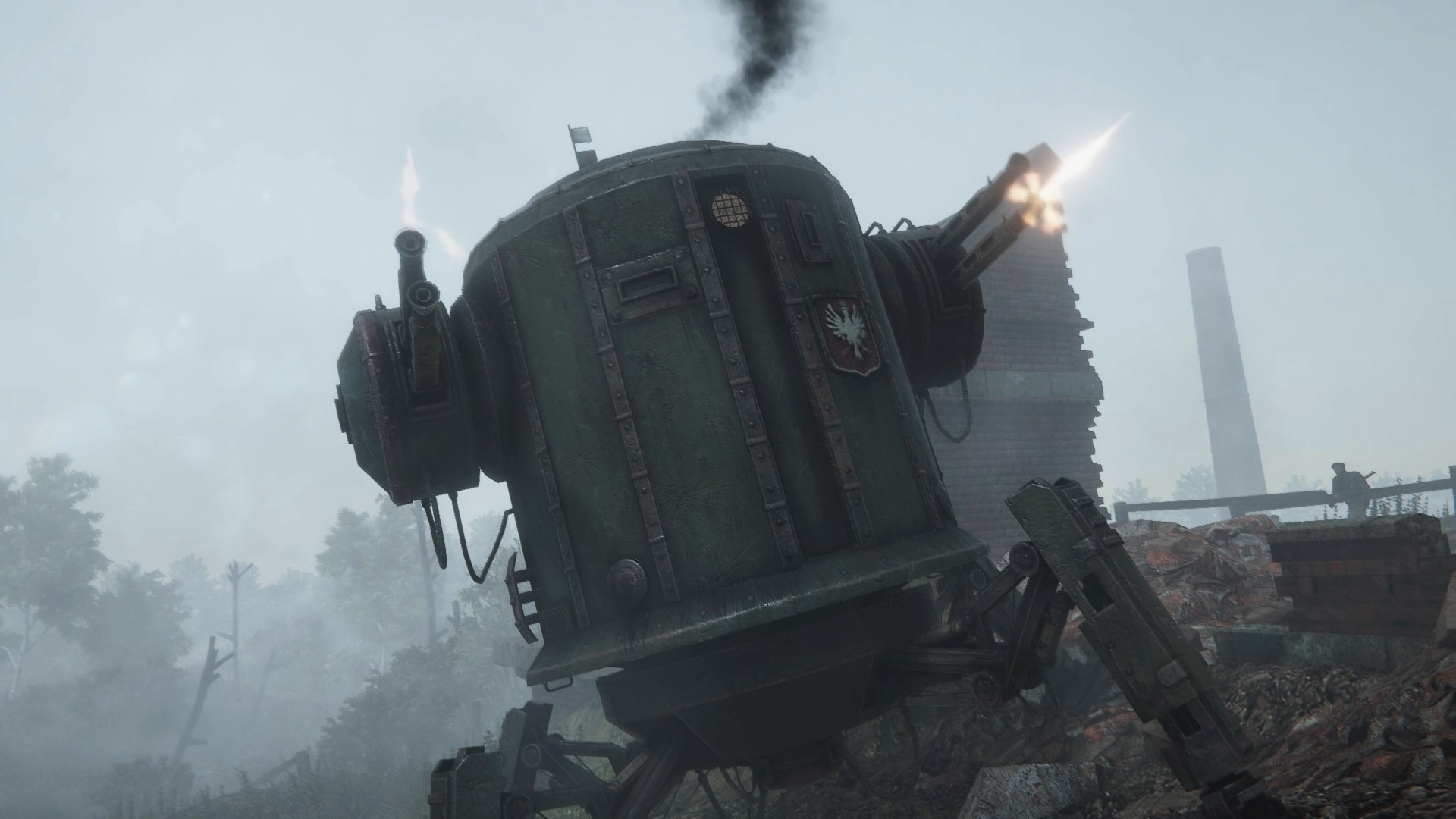 Polanian Mech firing weapons in Iron Harvest HD Wallpaper