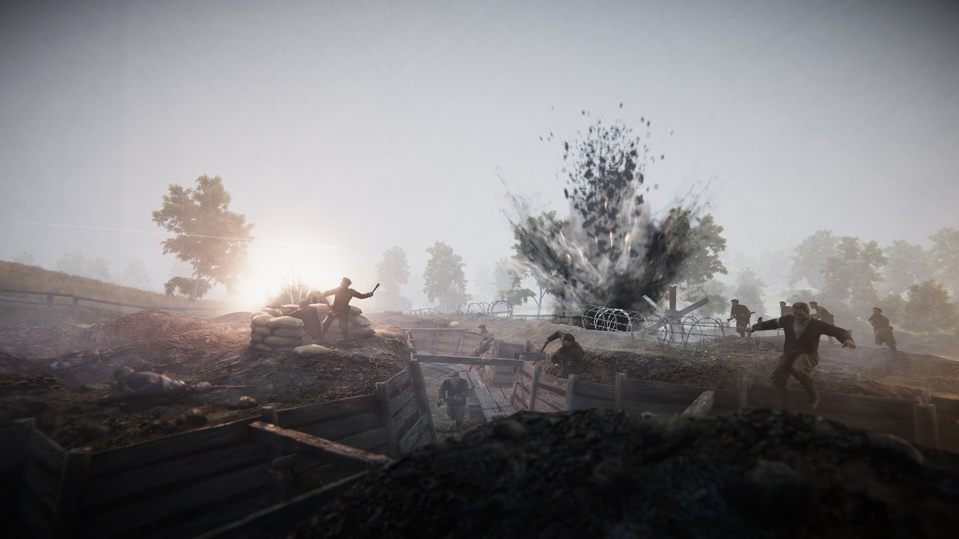 Soldiers in trenches during an explosion in Iron Harvest HD Wallpaper