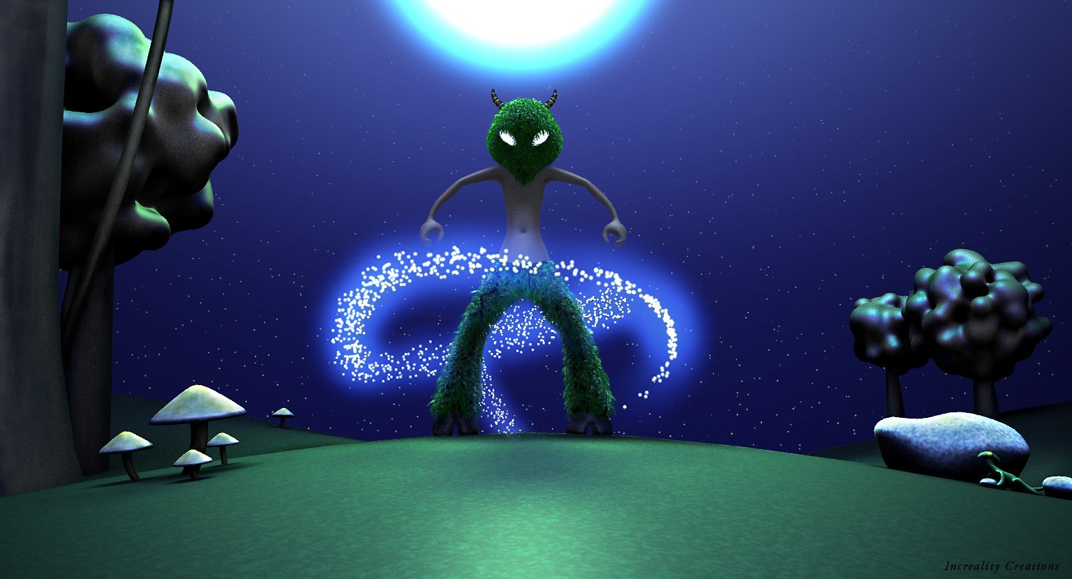 Green creature with glowing eyes and horns in a starry night HD Wallpaper