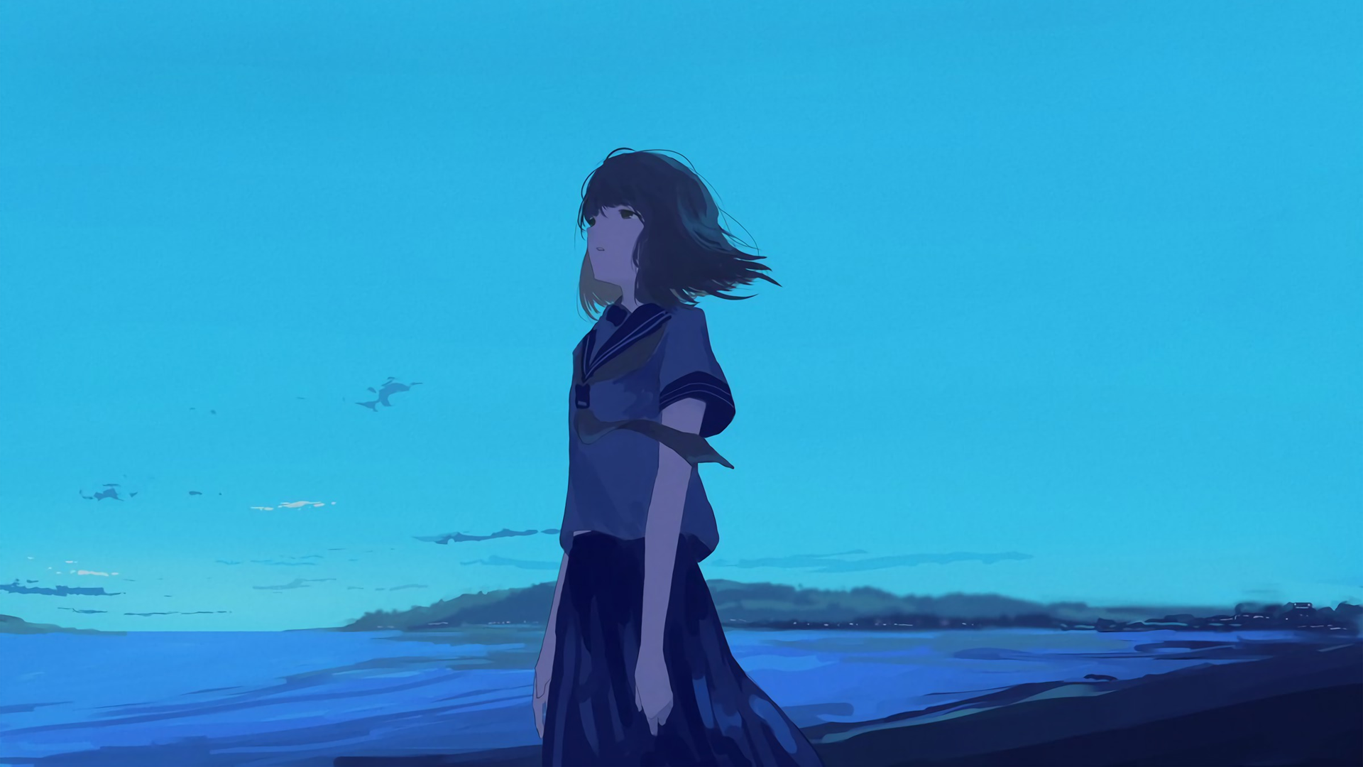Anime girl in sailor uniform by the sea at dusk HD Wallpaper