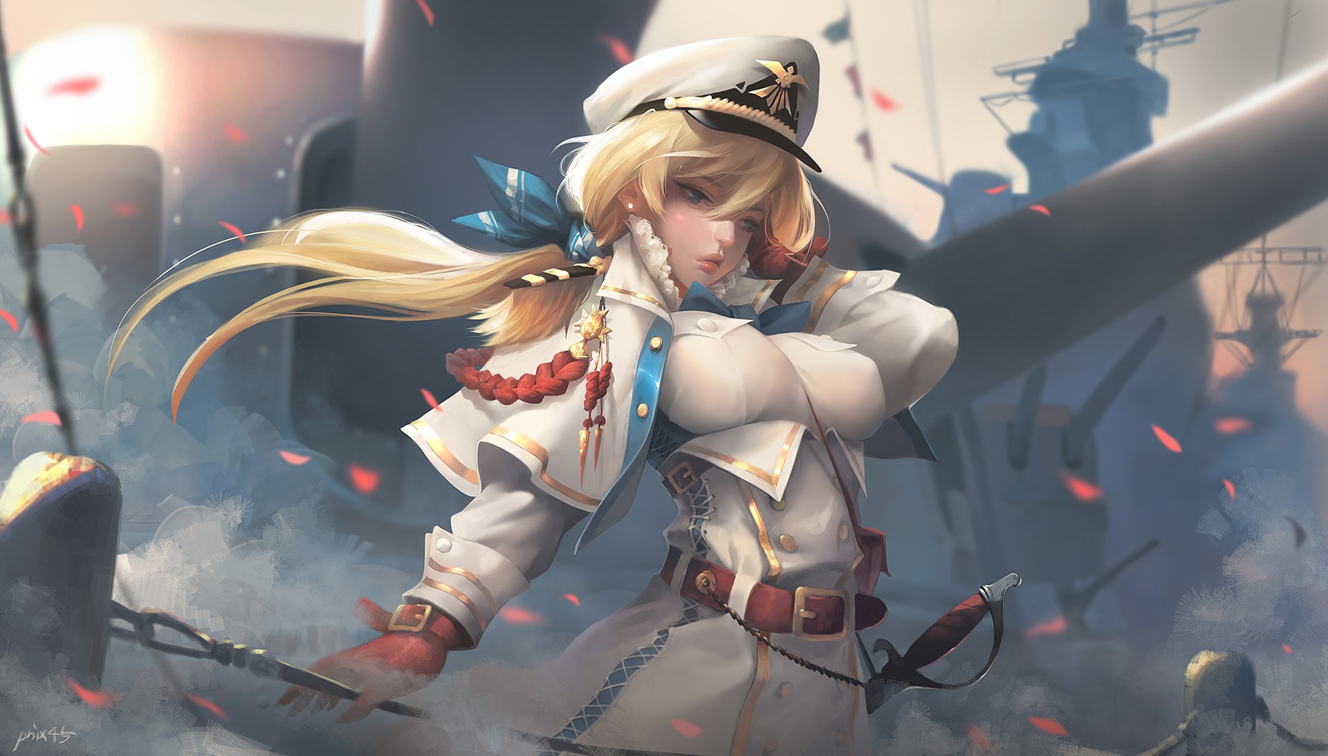Blonde woman in naval uniform with sword HD Wallpaper