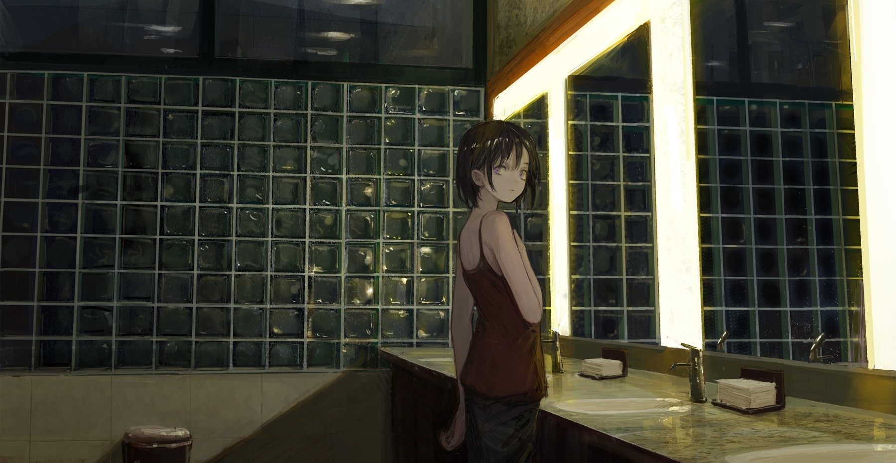 Girl in bathroom looking at viewer in mirror HD Wallpaper