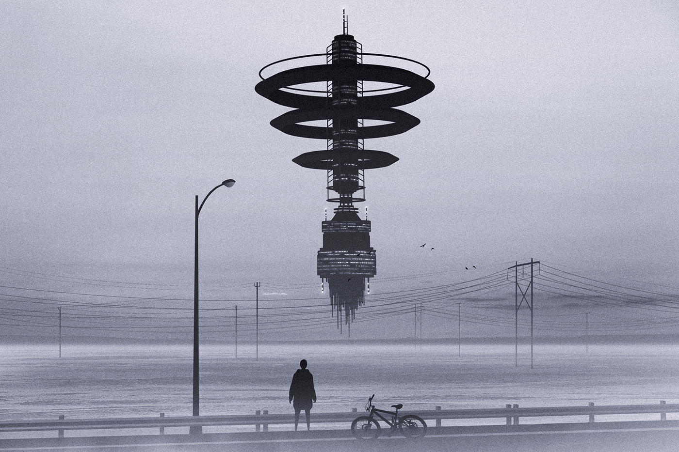 Monochrome digital art of a futuristic tower HD Wallpaper
