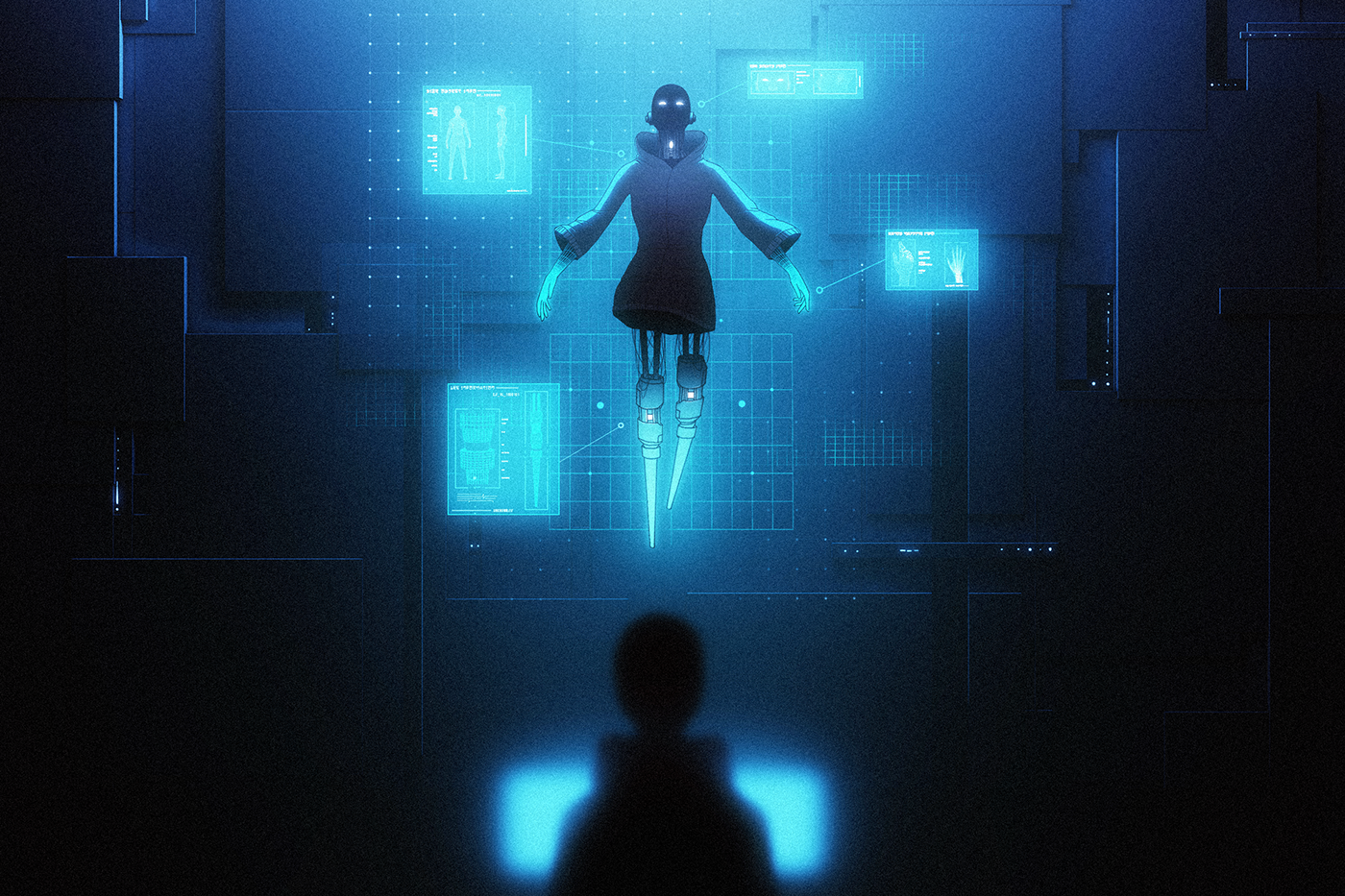 Anime character with cybernetic legs levitating HD Wallpaper