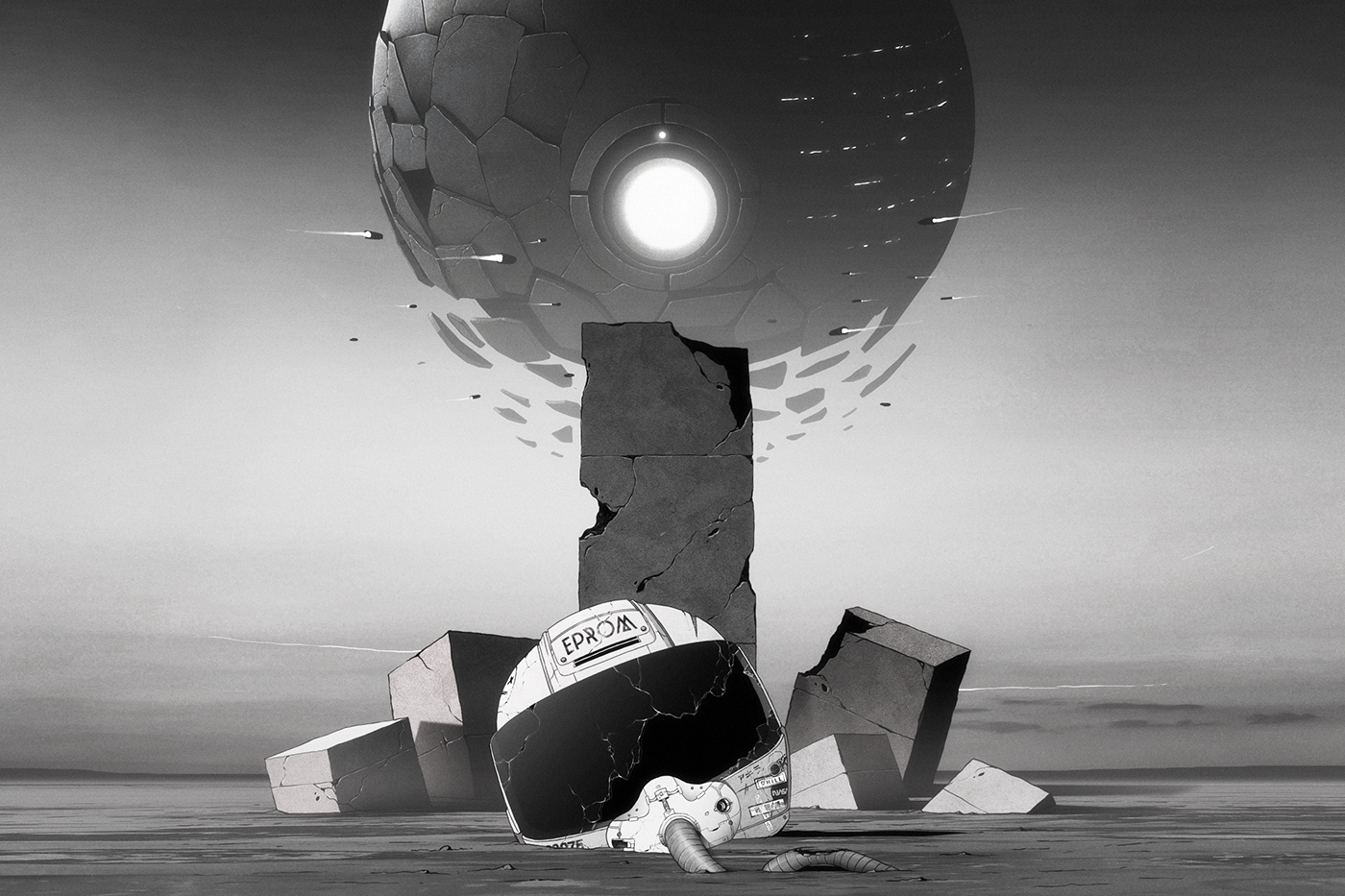 Monochrome anime art of a broken helmet and a large sphere HD Wallpaper