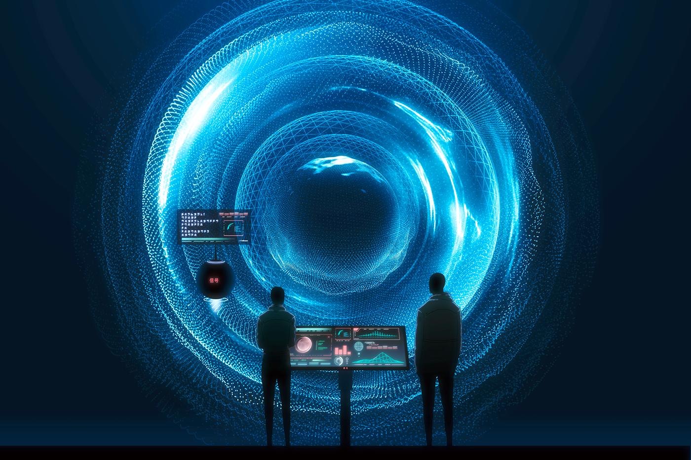 Two people observing a blue digital sphere HD Wallpaper