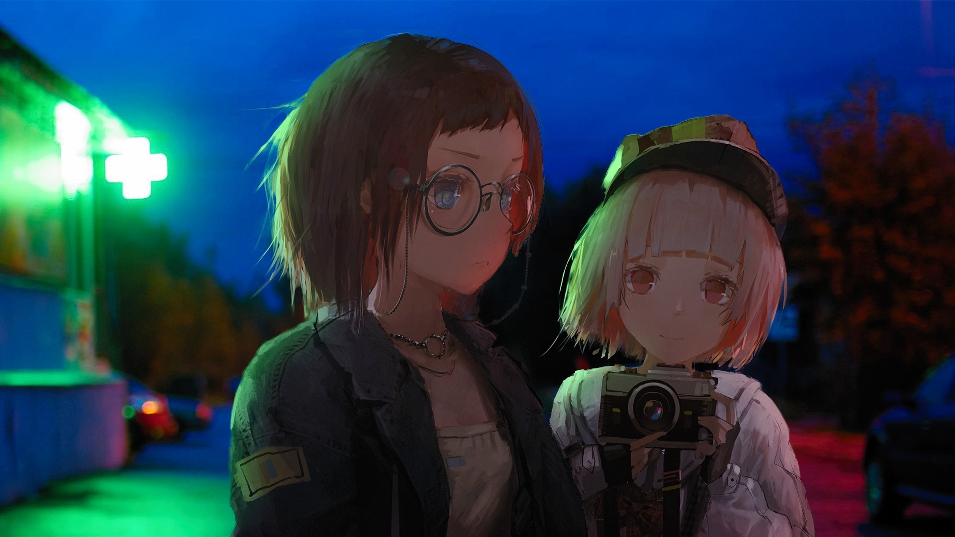 Two anime girls with a camera at night HD Wallpaper
