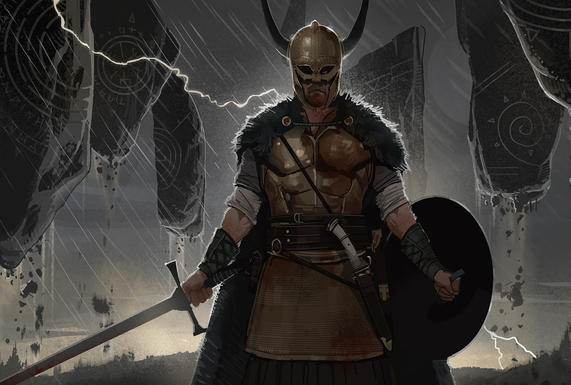Viking warrior with sword and shield in a storm HD Wallpaper