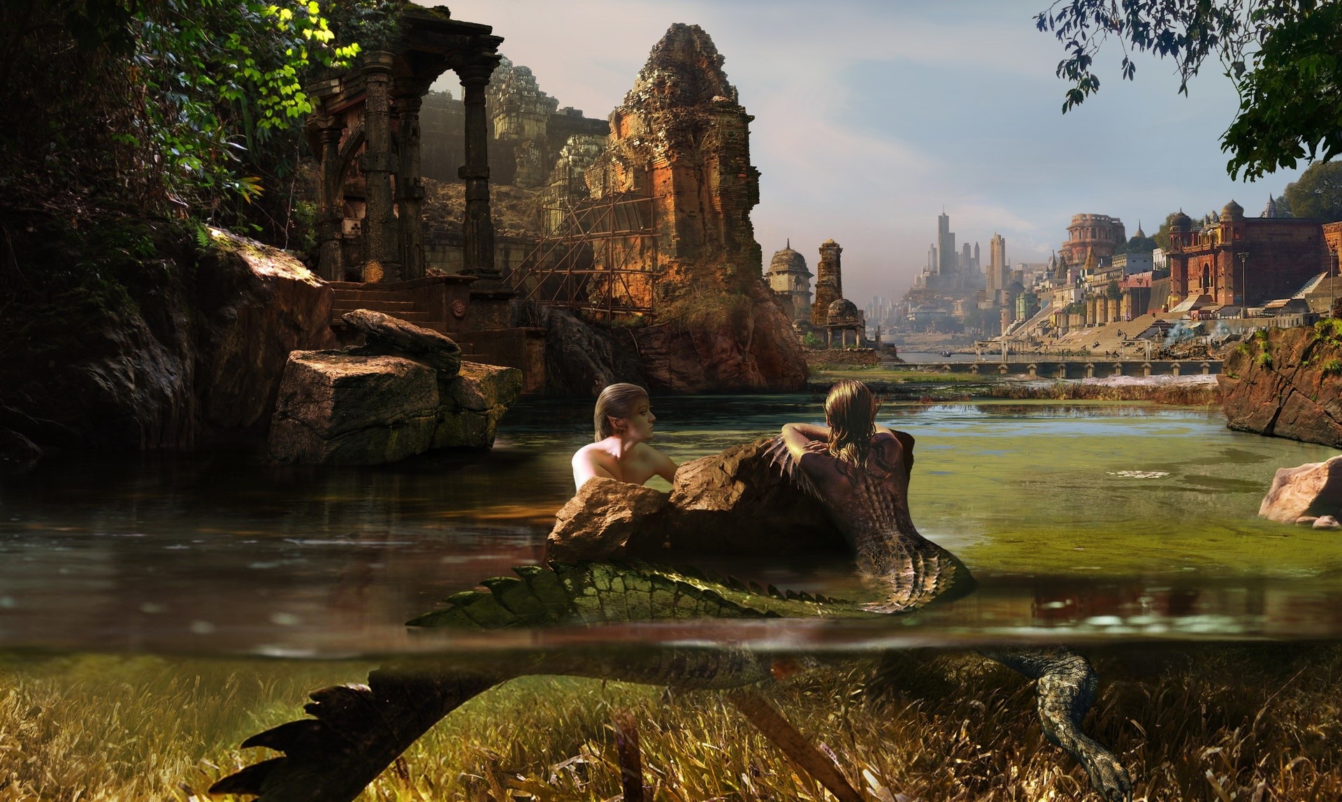 Fantasy art of mermaids and ancient ruins by a city HD Wallpaper