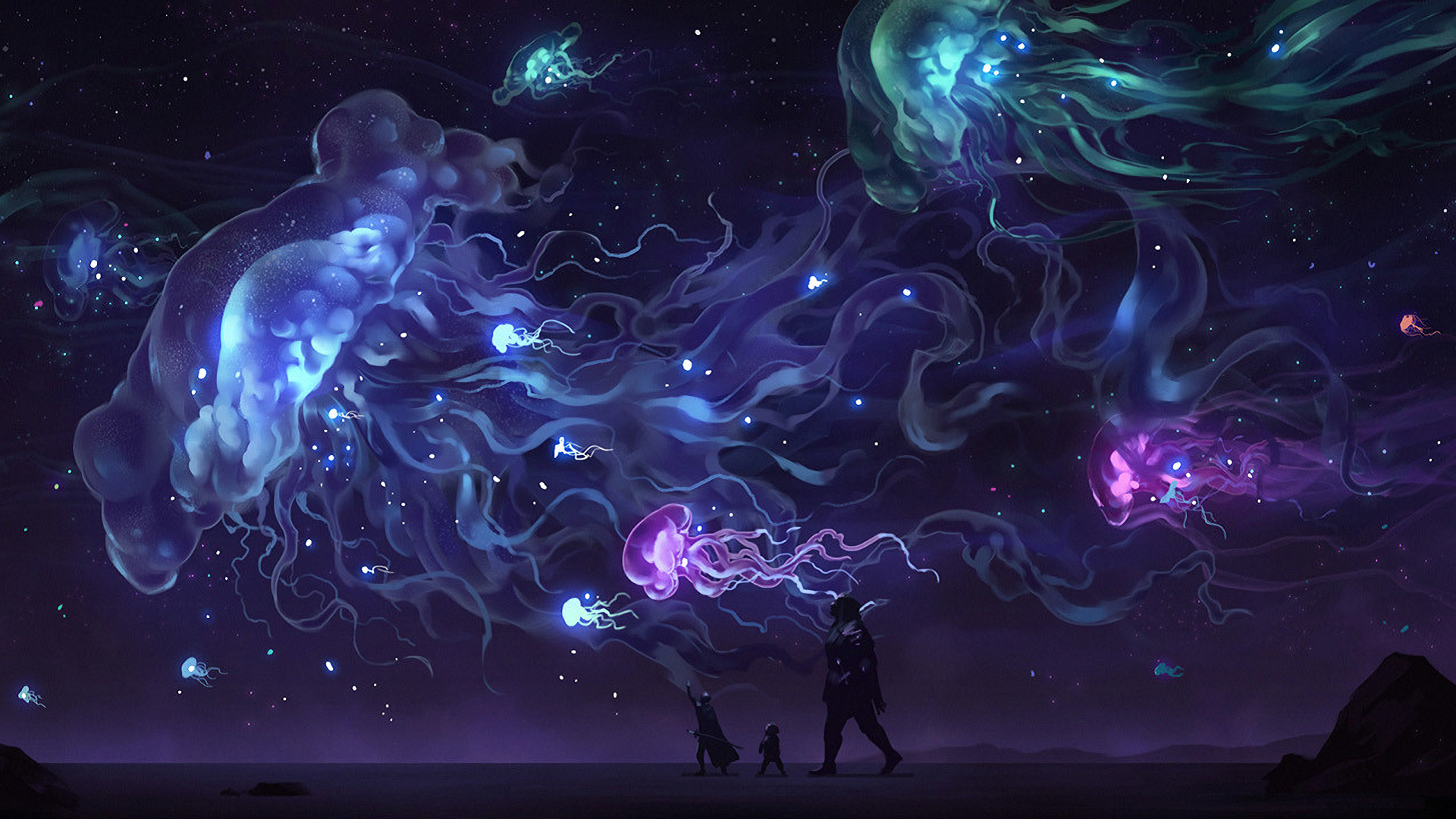 Fantasy art of jellyfish in a starry sky with adventurers HD Wallpaper