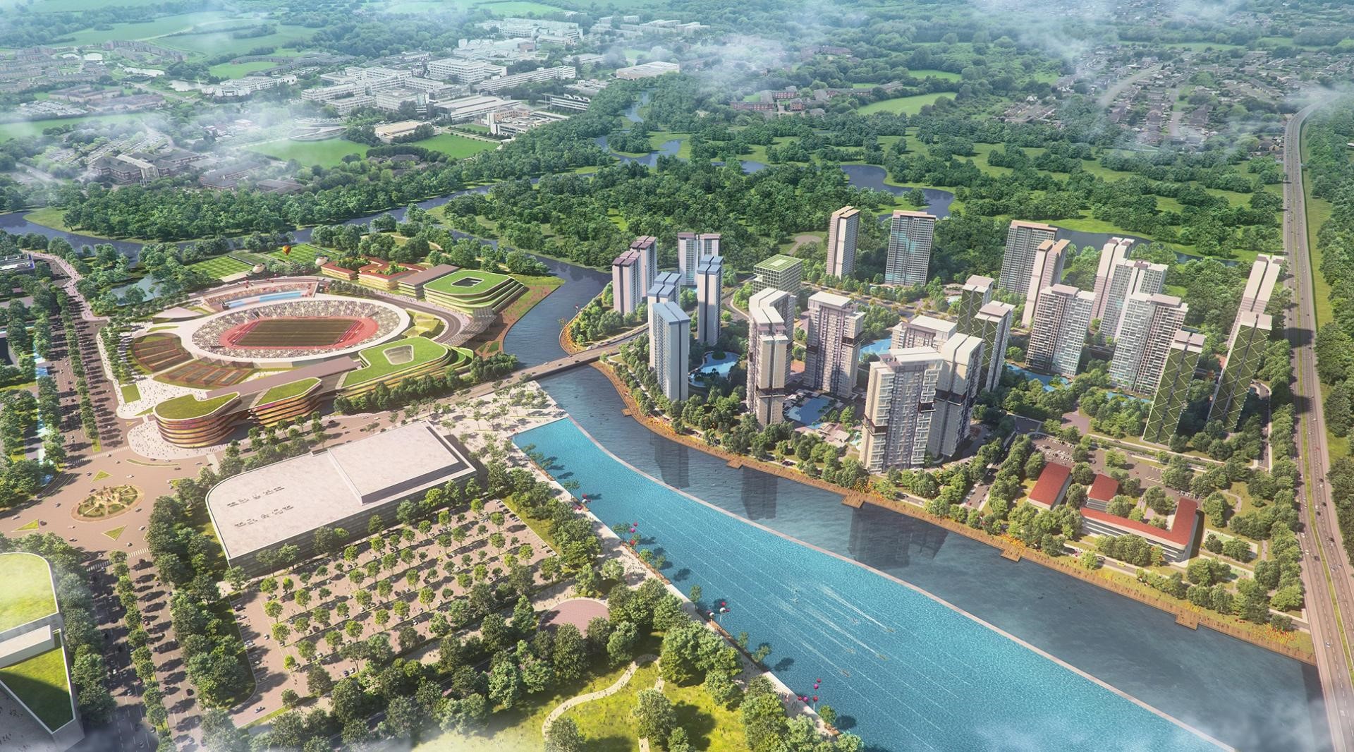 Aerial view of a modern cityscape with a stadium and river HD Wallpaper