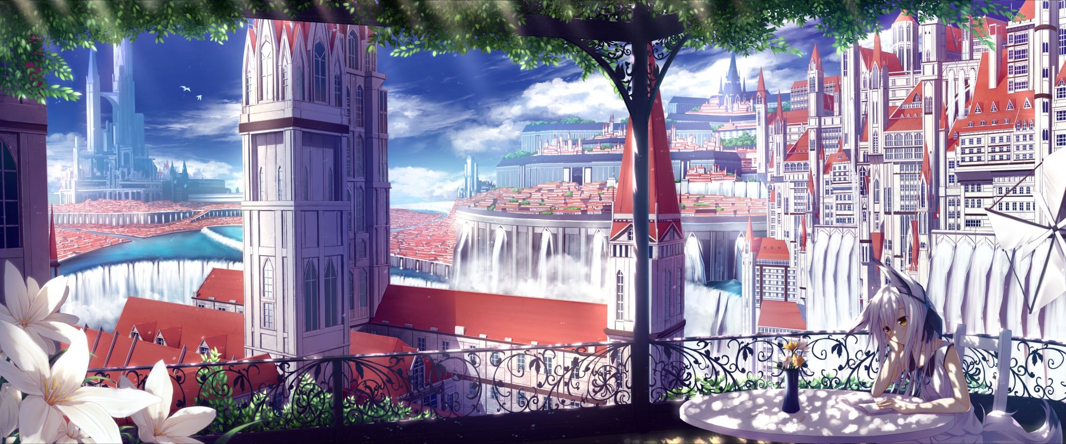 Anime girl with white hair and animal ears on a balcony overlooking a city with waterfalls HD Wallpaper