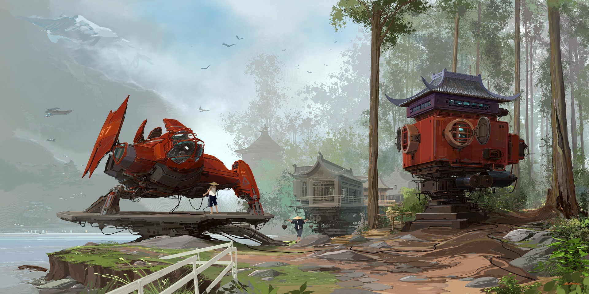 Futuristic red spaceship and Asian-inspired buildings in a forest HD Wallpaper