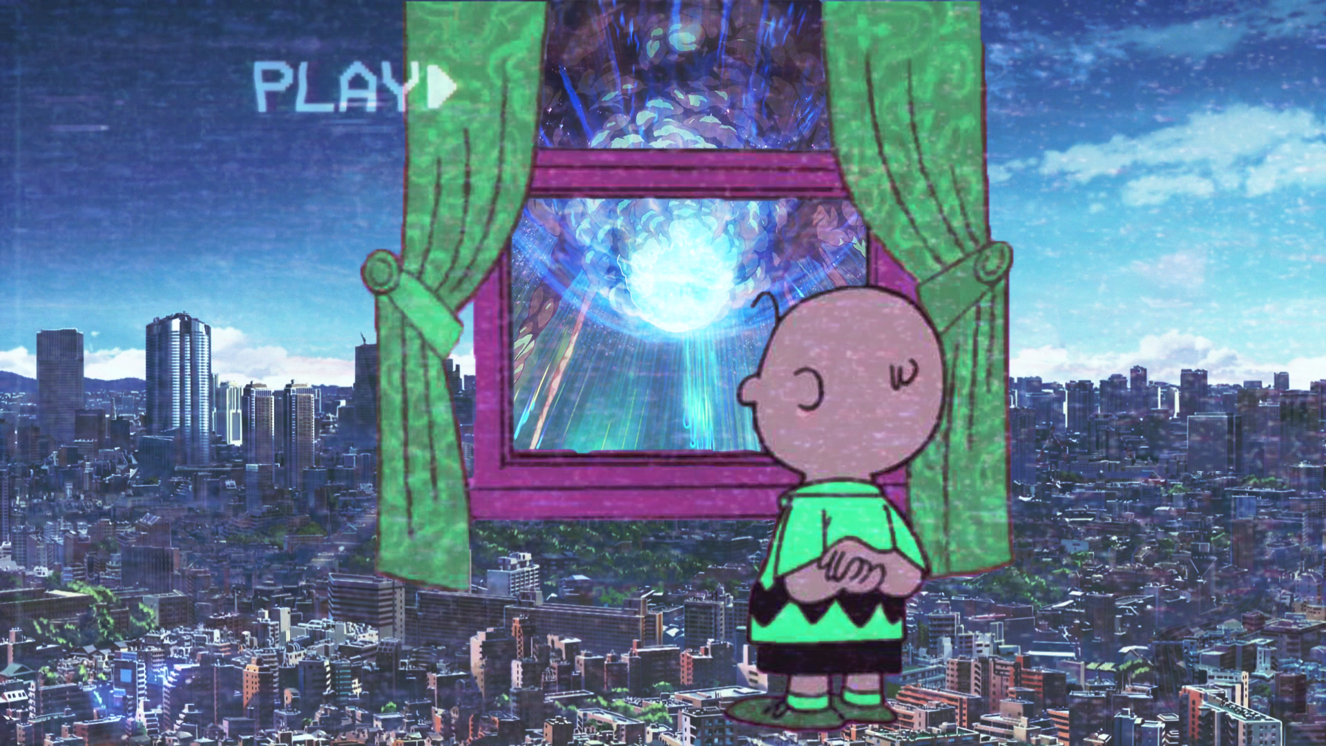 Charlie Brown looking out a window at a cityscape HD Wallpaper