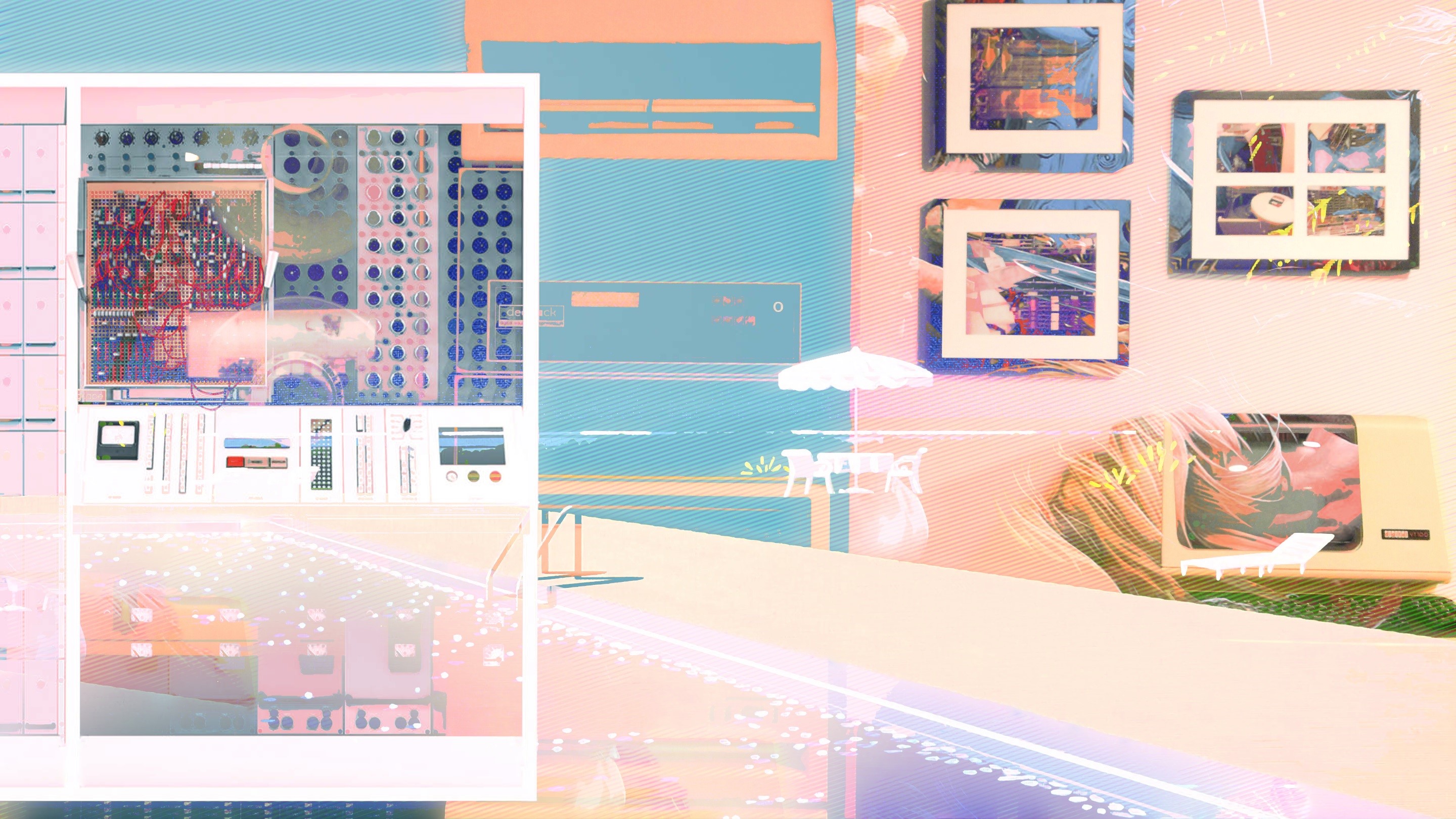 Abstract tech scene with framed art and pool HD Wallpaper