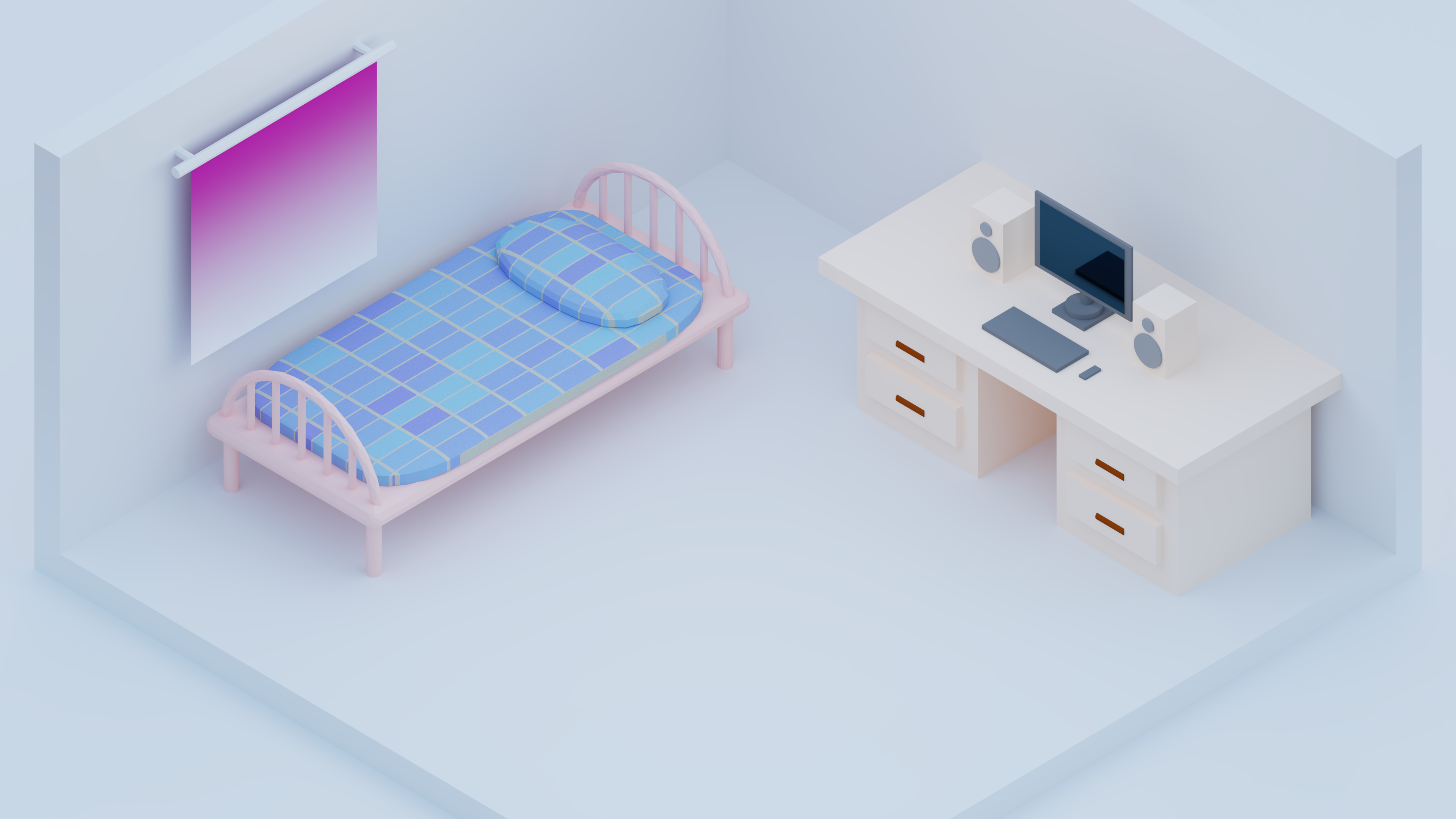 Isometric room with bed and computer desk HD Wallpaper