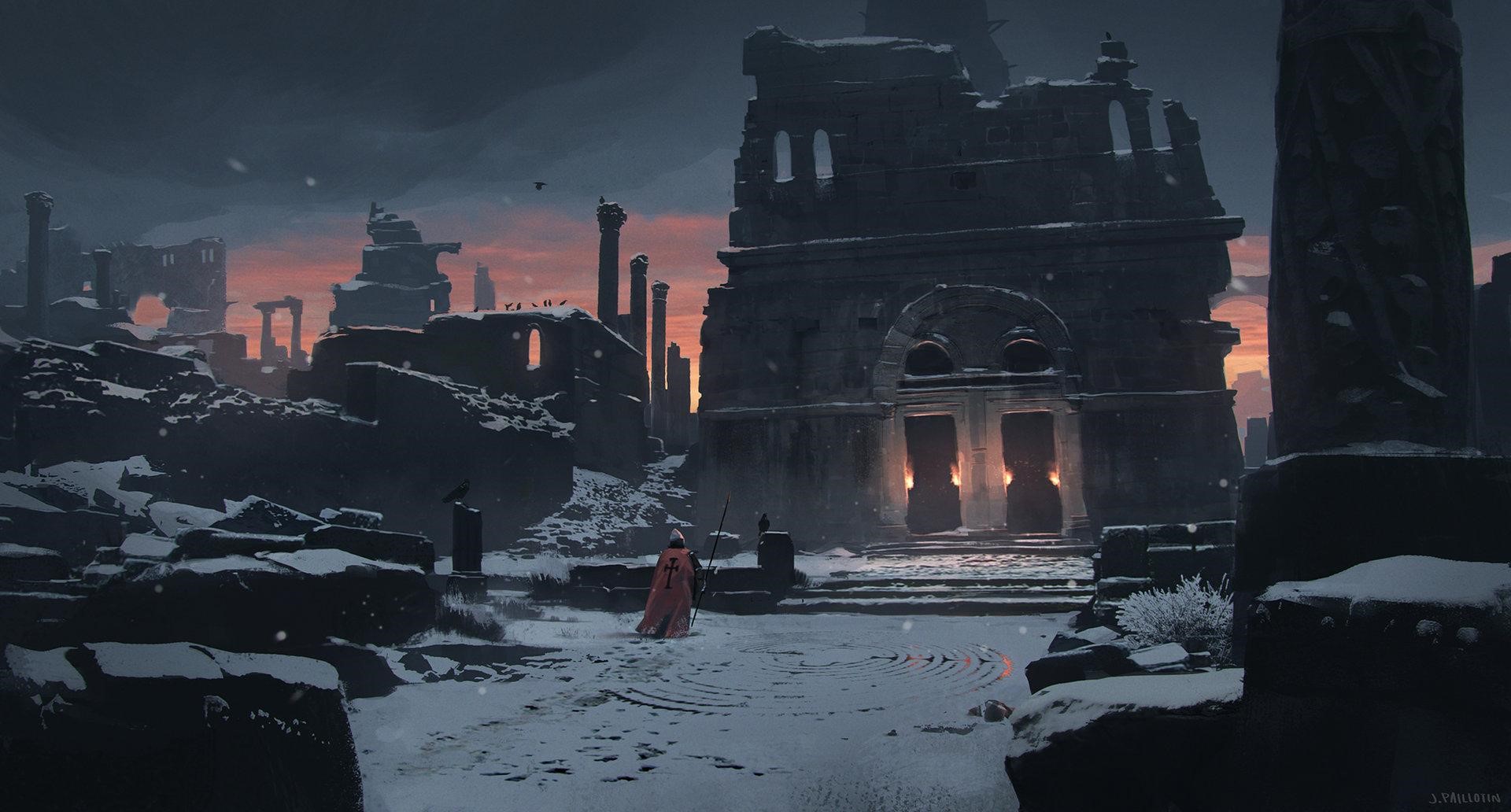 Soldier in red cloak in snowy ruins at sunset HD Wallpaper
