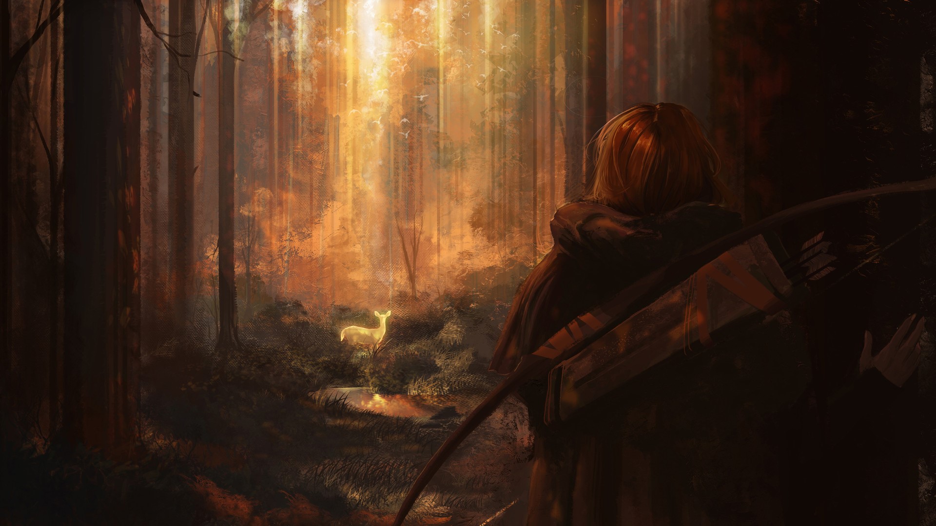 Archer in a forest with a glowing deer HD Wallpaper