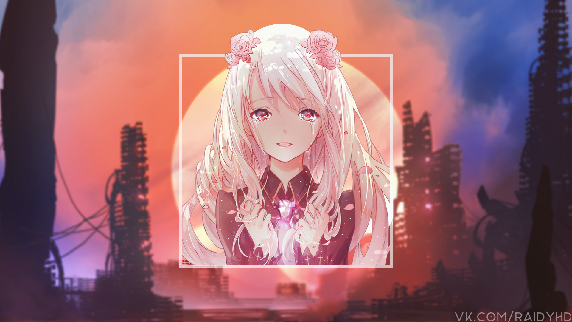 Anime girl with roses and ruined city background HD Wallpaper