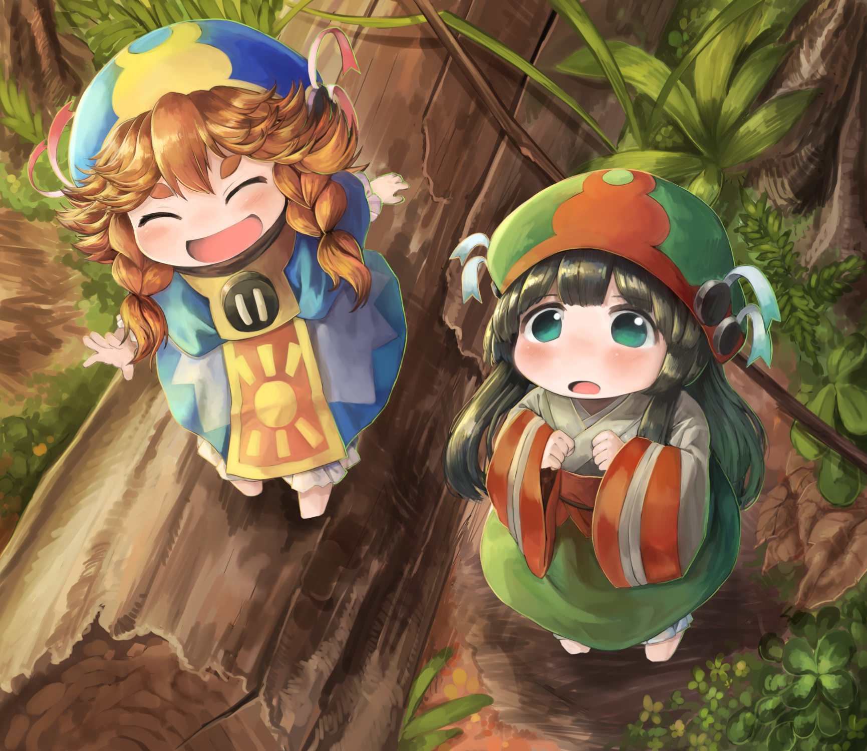 Two anime girls on a tree trunk with plants HD Wallpaper
