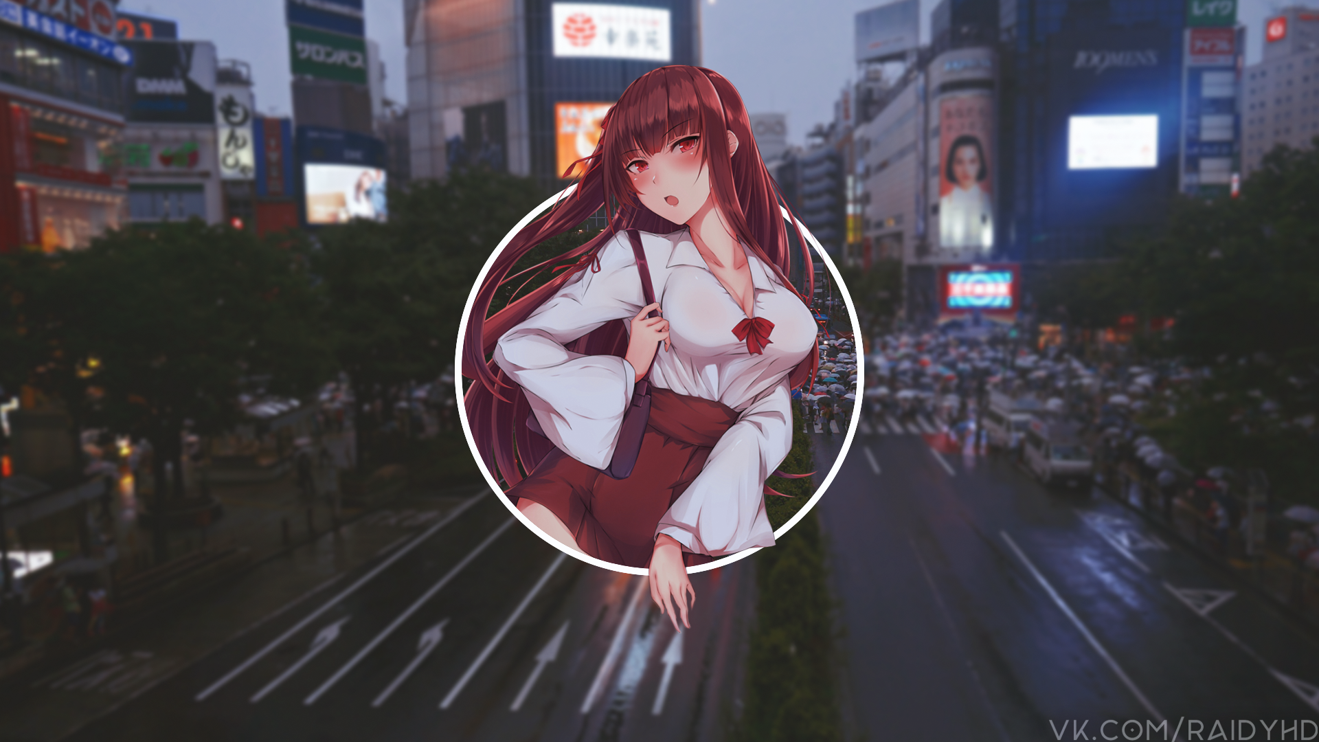 Anime girl in white shirt and red skirt in Shibuya HD Wallpaper