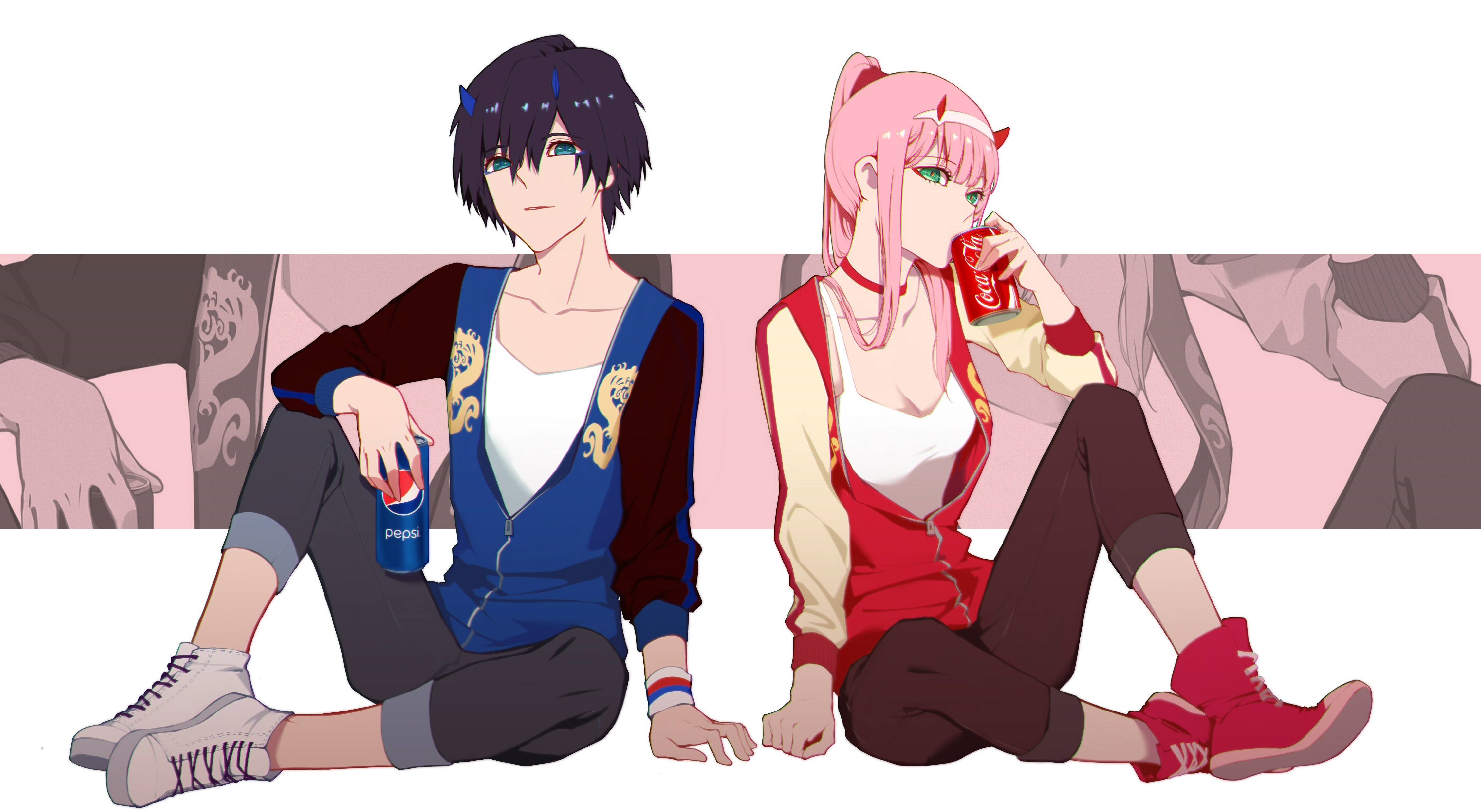 4K Zero Two and Hiro from Darling in the FranXX with drinks HD Wallpaper