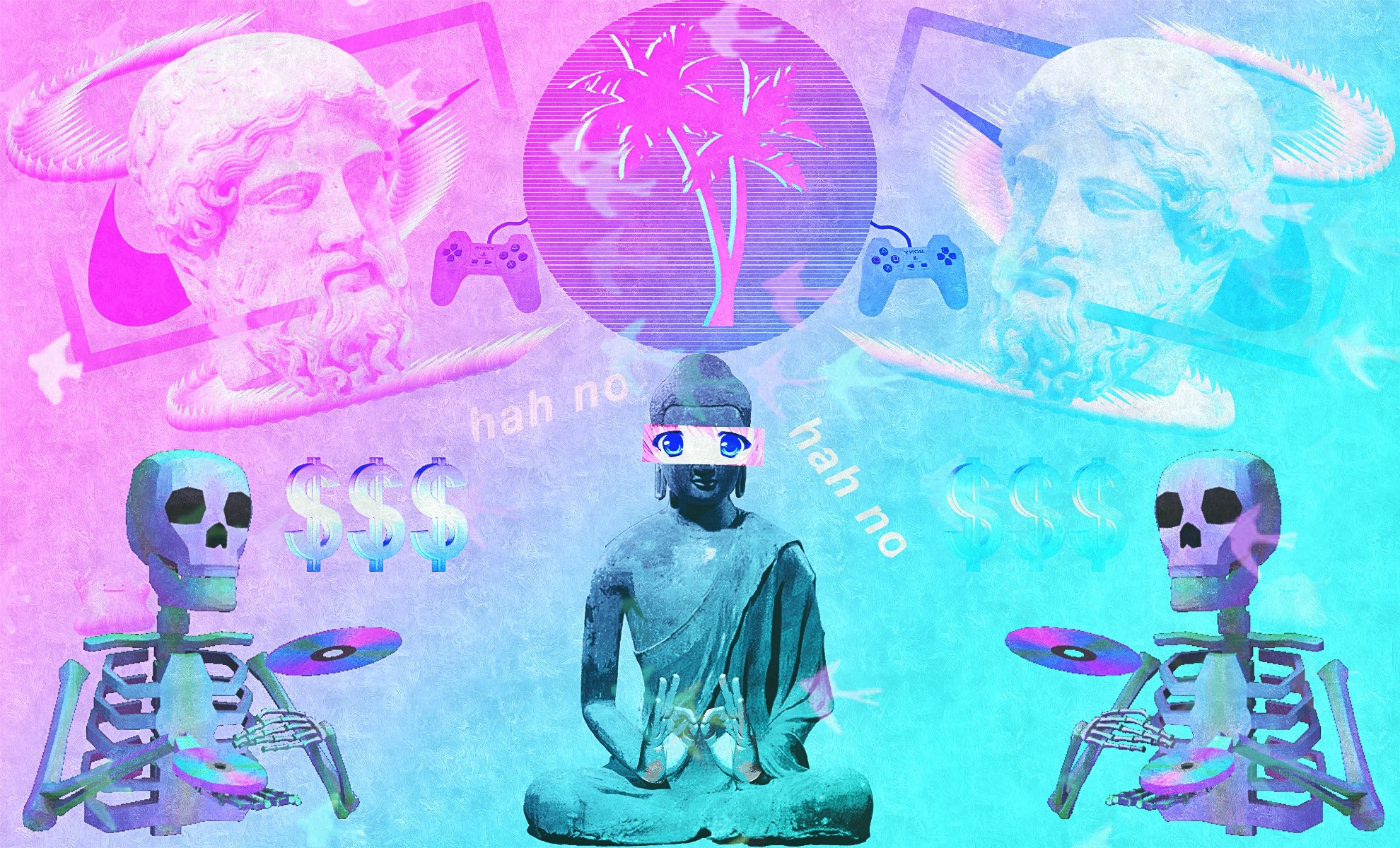 Vaporwave Buddha with Skeletons and PlayStation Controllers HD Wallpaper