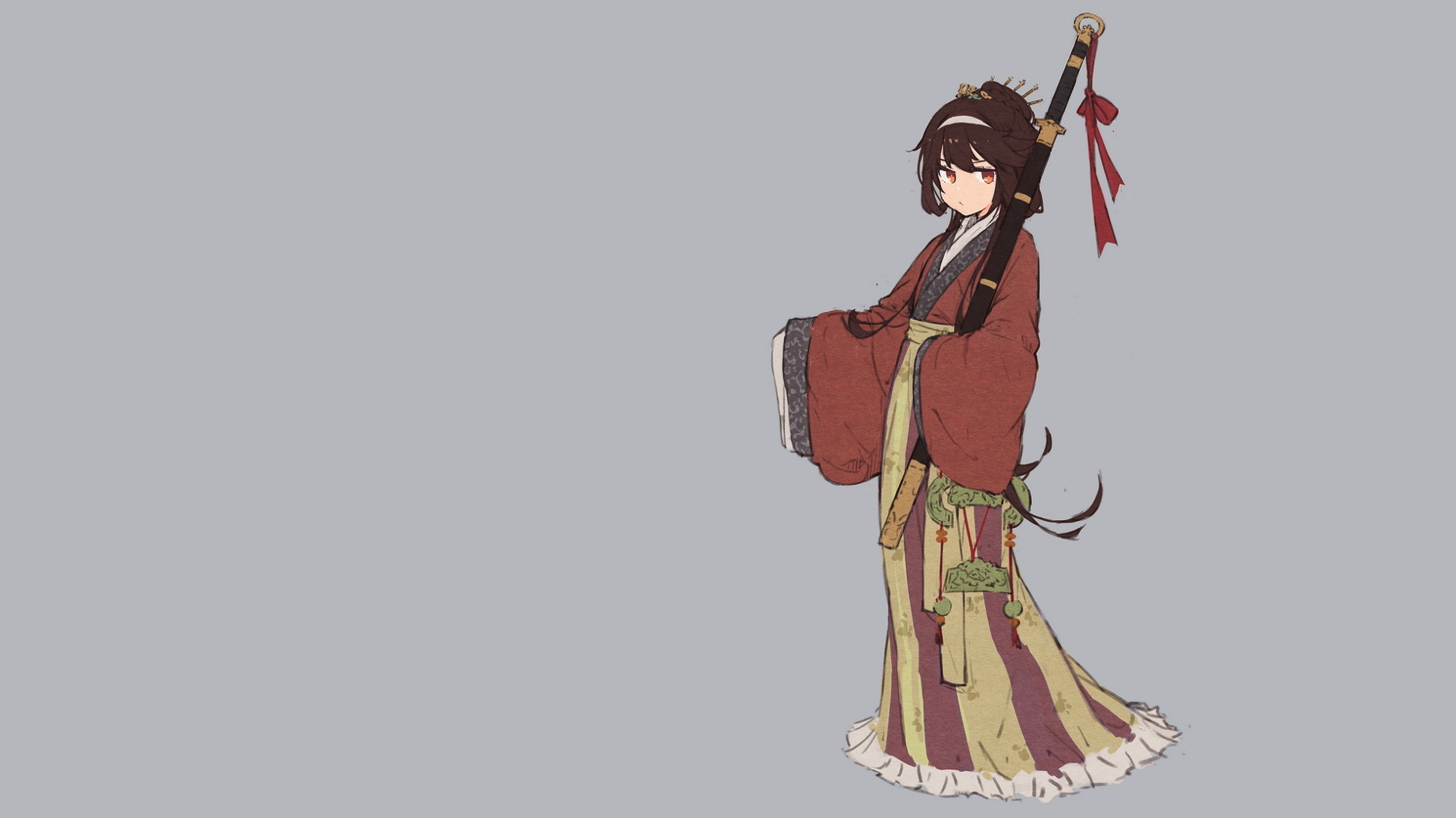 Anime girl in traditional Japanese clothing with a sword HD Wallpaper