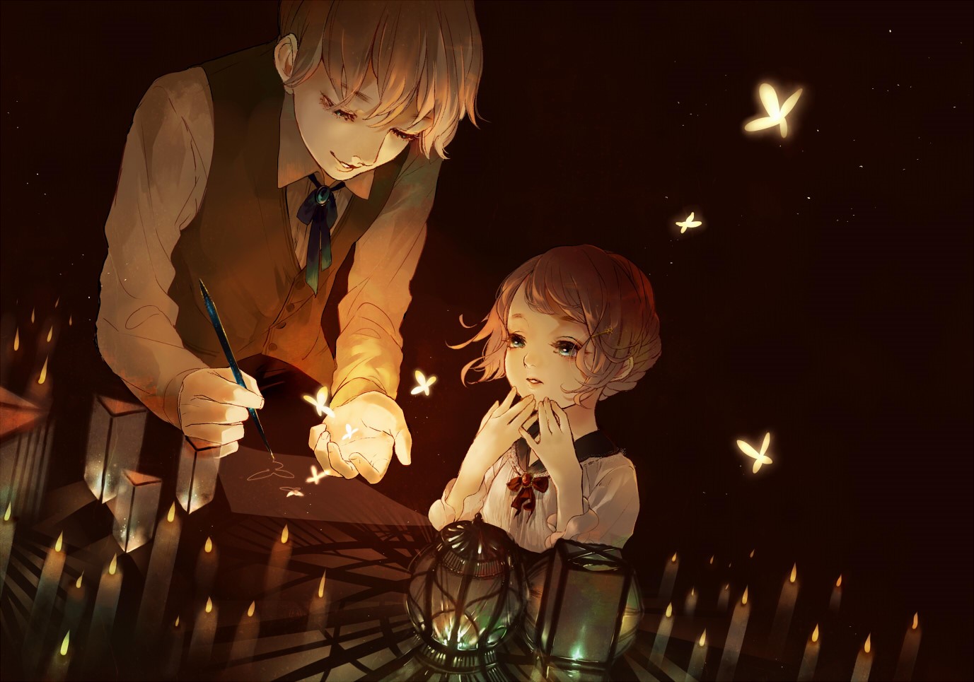 Anime boy and girl with candles and fireflies HD Wallpaper