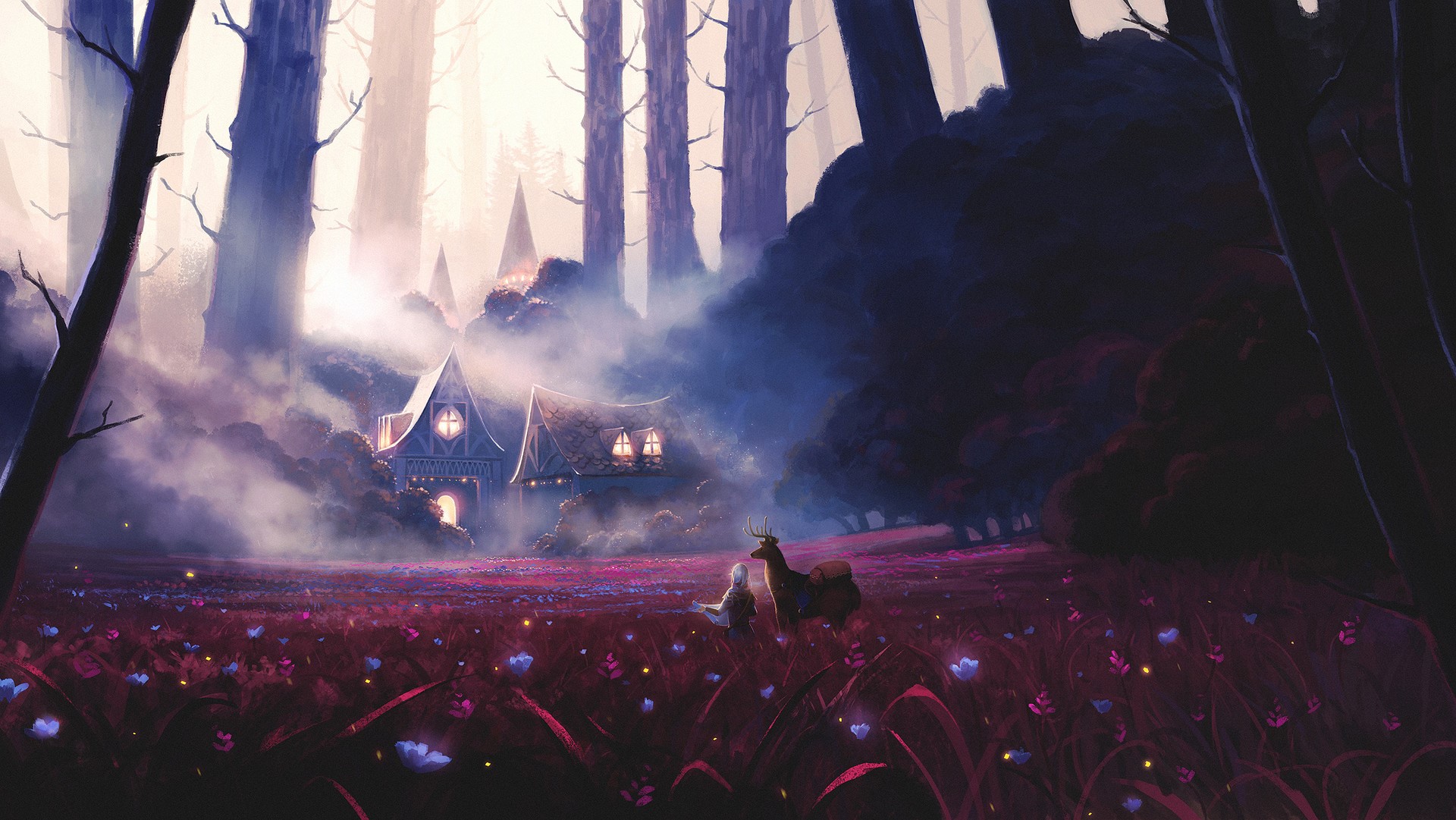 Fantasy forest with houses, deer, and a person HD Wallpaper