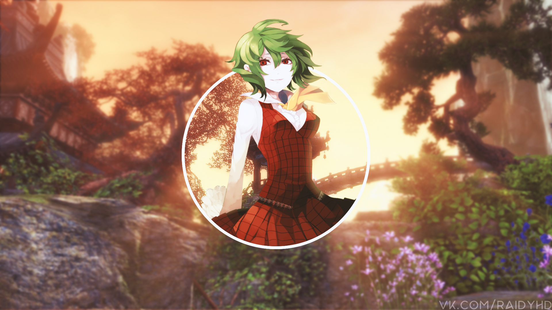 Anime girl with green hair in a red dress HD Wallpaper
