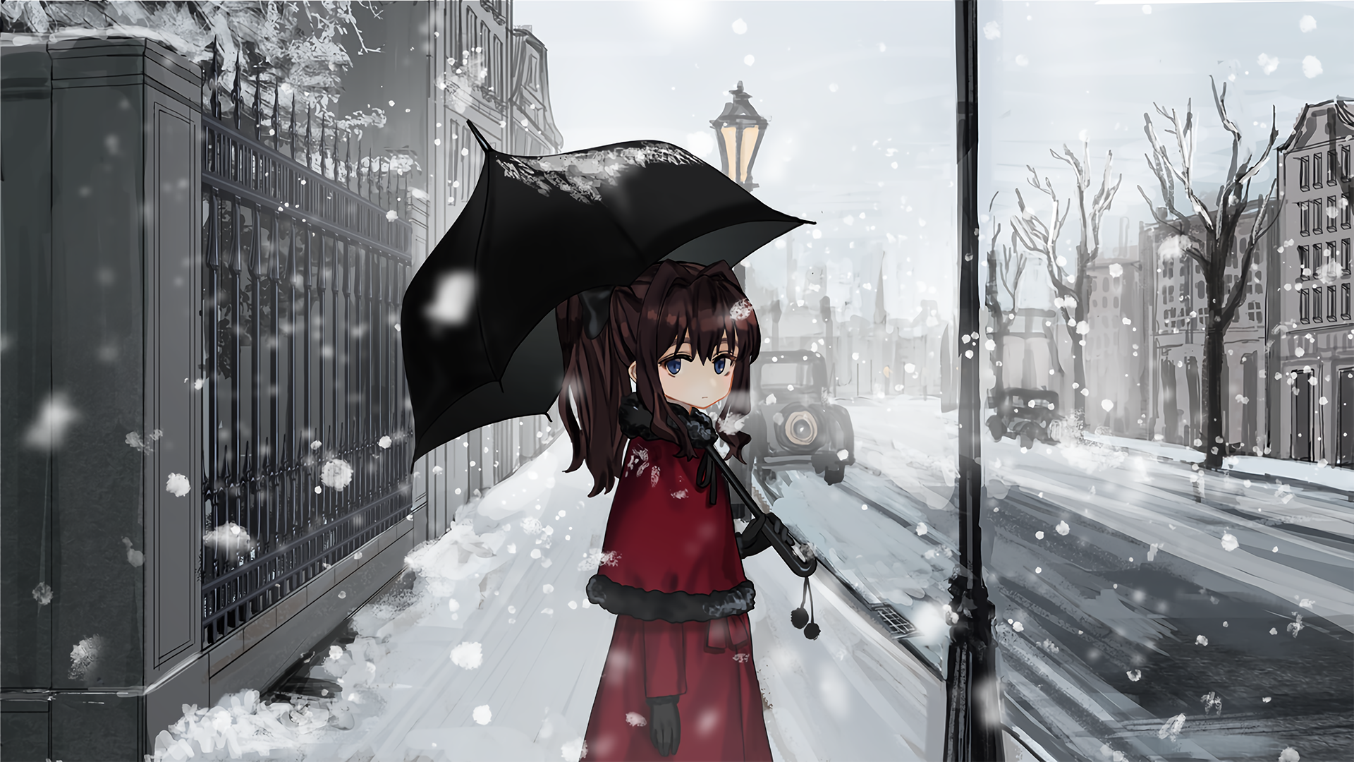 Girl with umbrella in snowy city street HD Wallpaper