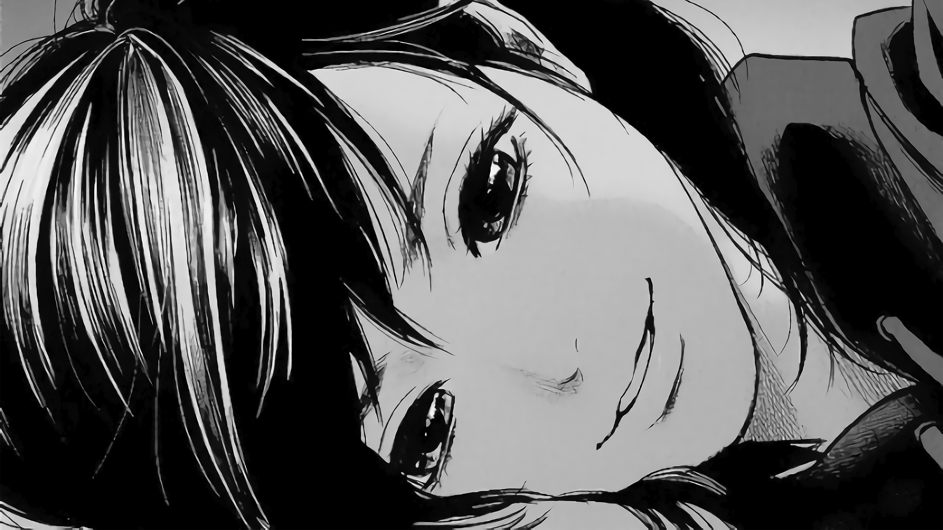 Monochrome anime girl with black hair smiling HD Wallpaper