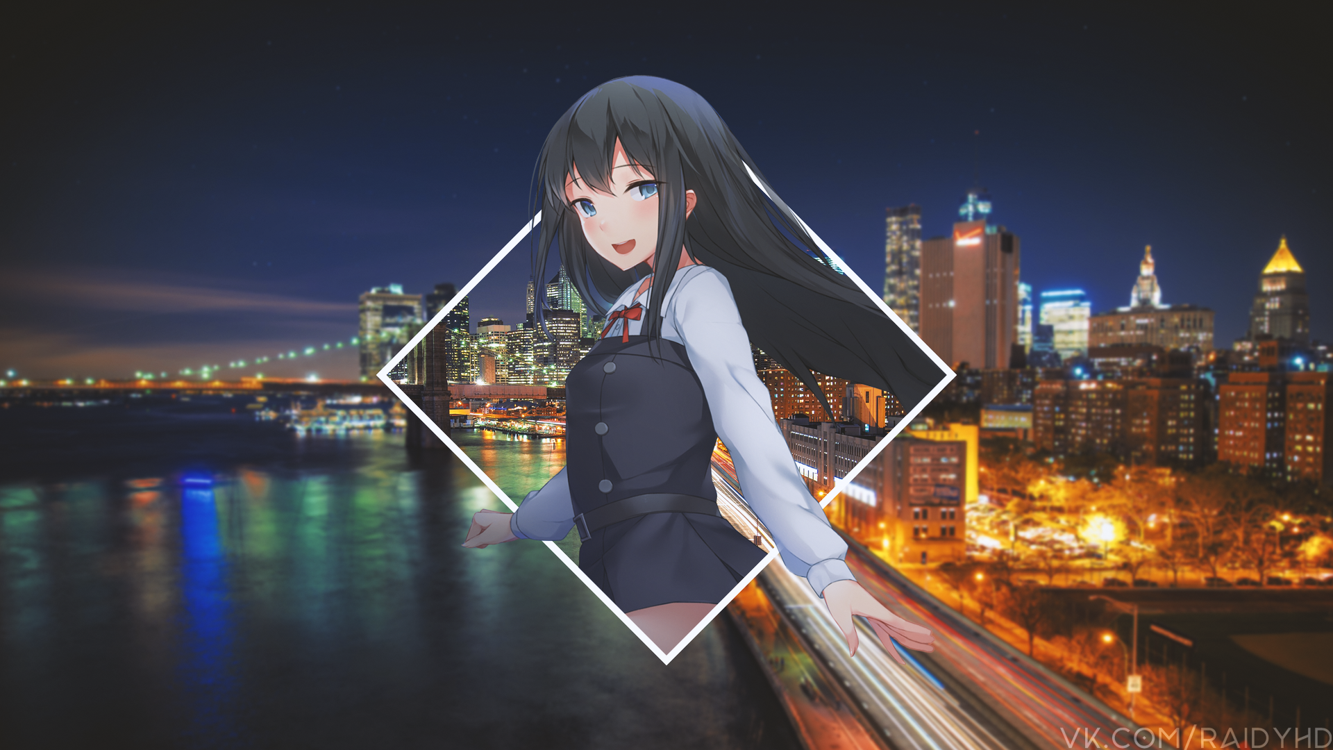 Anime girl in front of New York City skyline at night HD Wallpaper