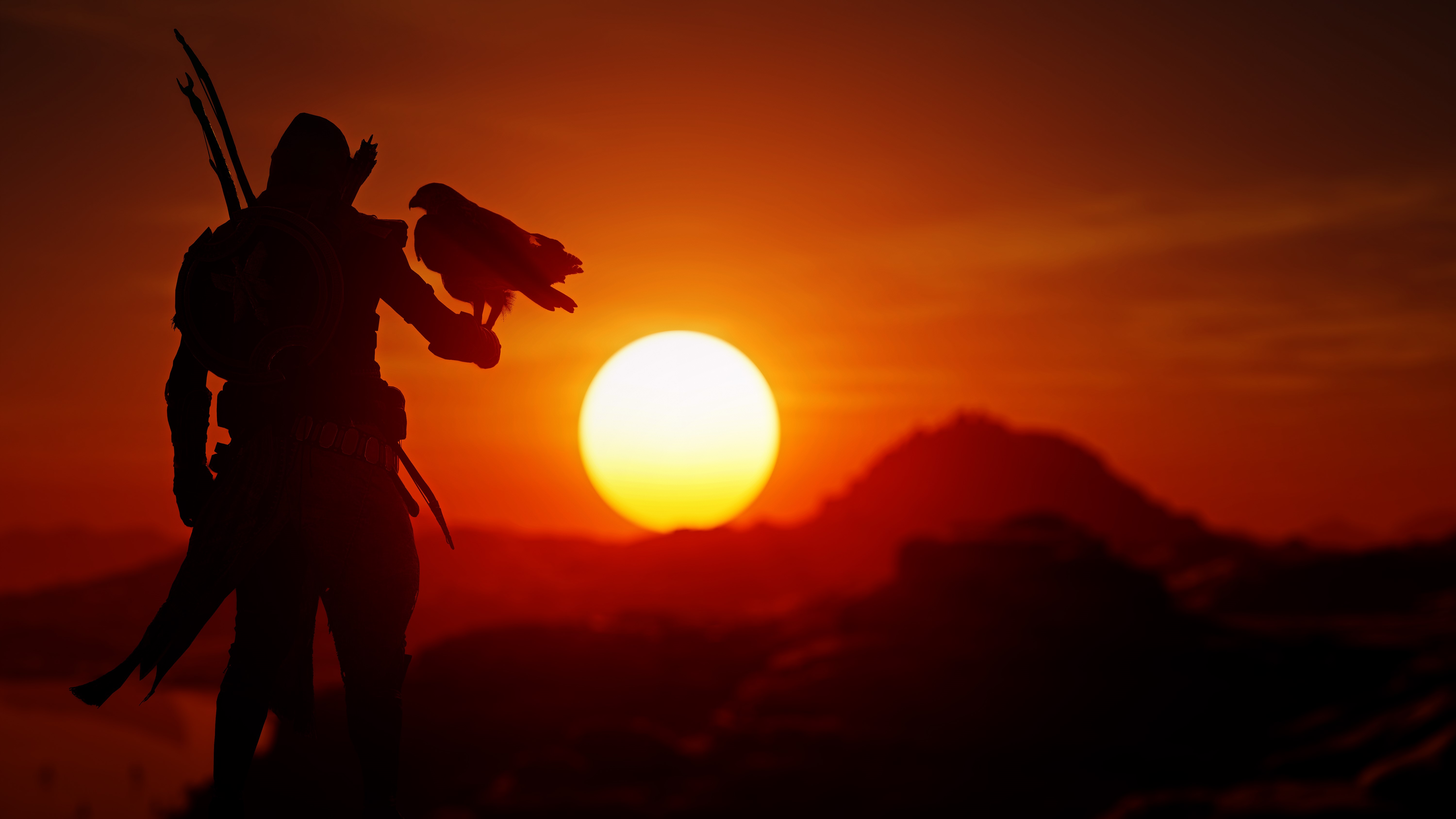 Assassin from Assassin's Creed with a hawk at sunset HD Wallpaper