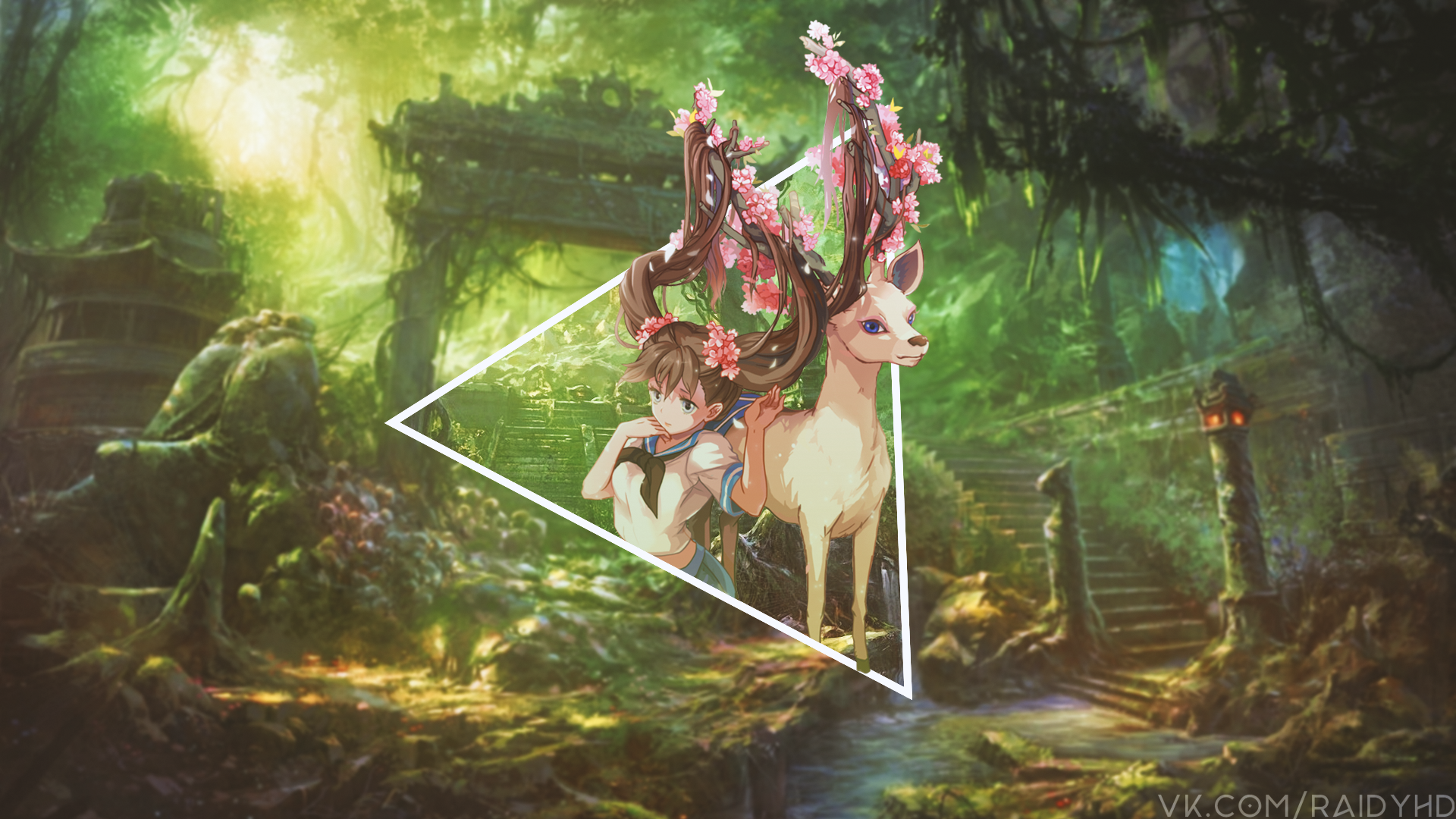 Anime girl and deer in a magical forest HD Wallpaper