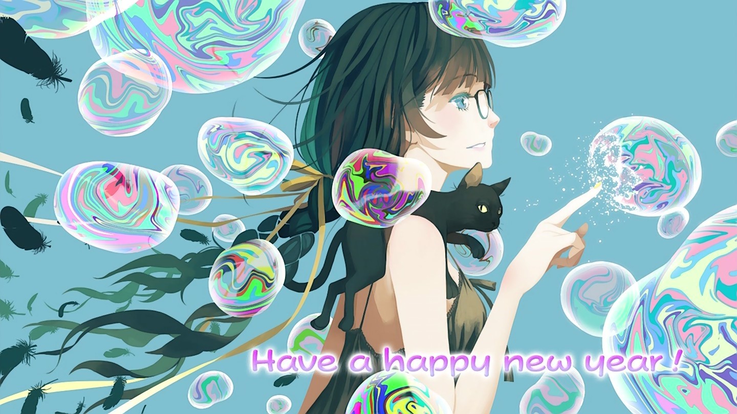 Anime girl with black cat and bubbles HD Wallpaper