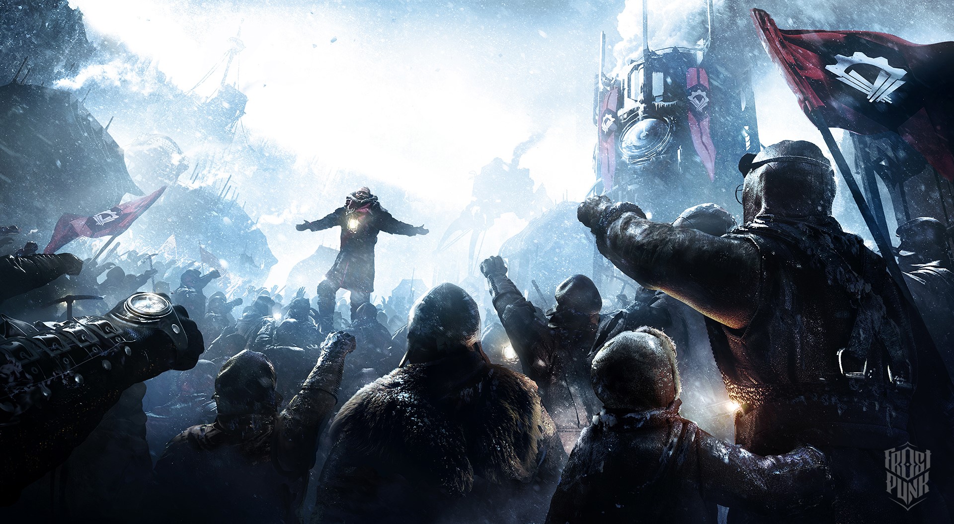 Frostpunk artwork of people in a snowy environment HD Wallpaper