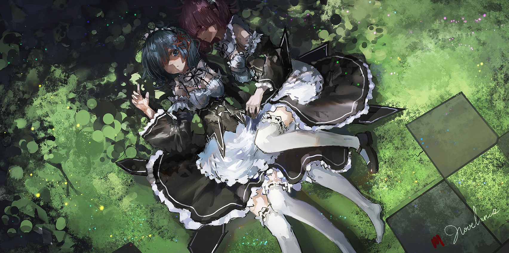 Rem and Ram from Re:Zero in a garden HD Wallpaper