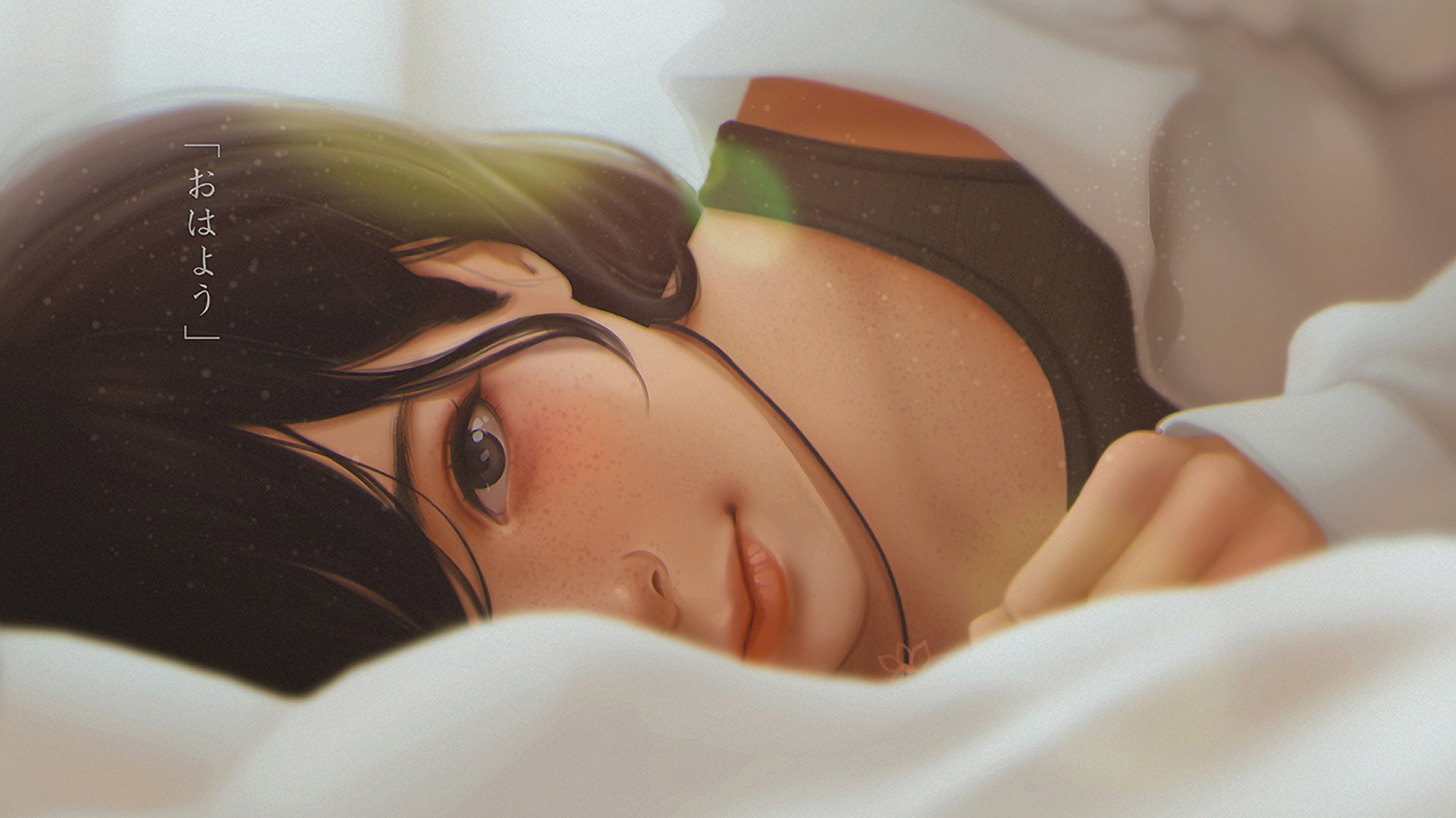 Anime girl waking up in bed HD Wallpaper