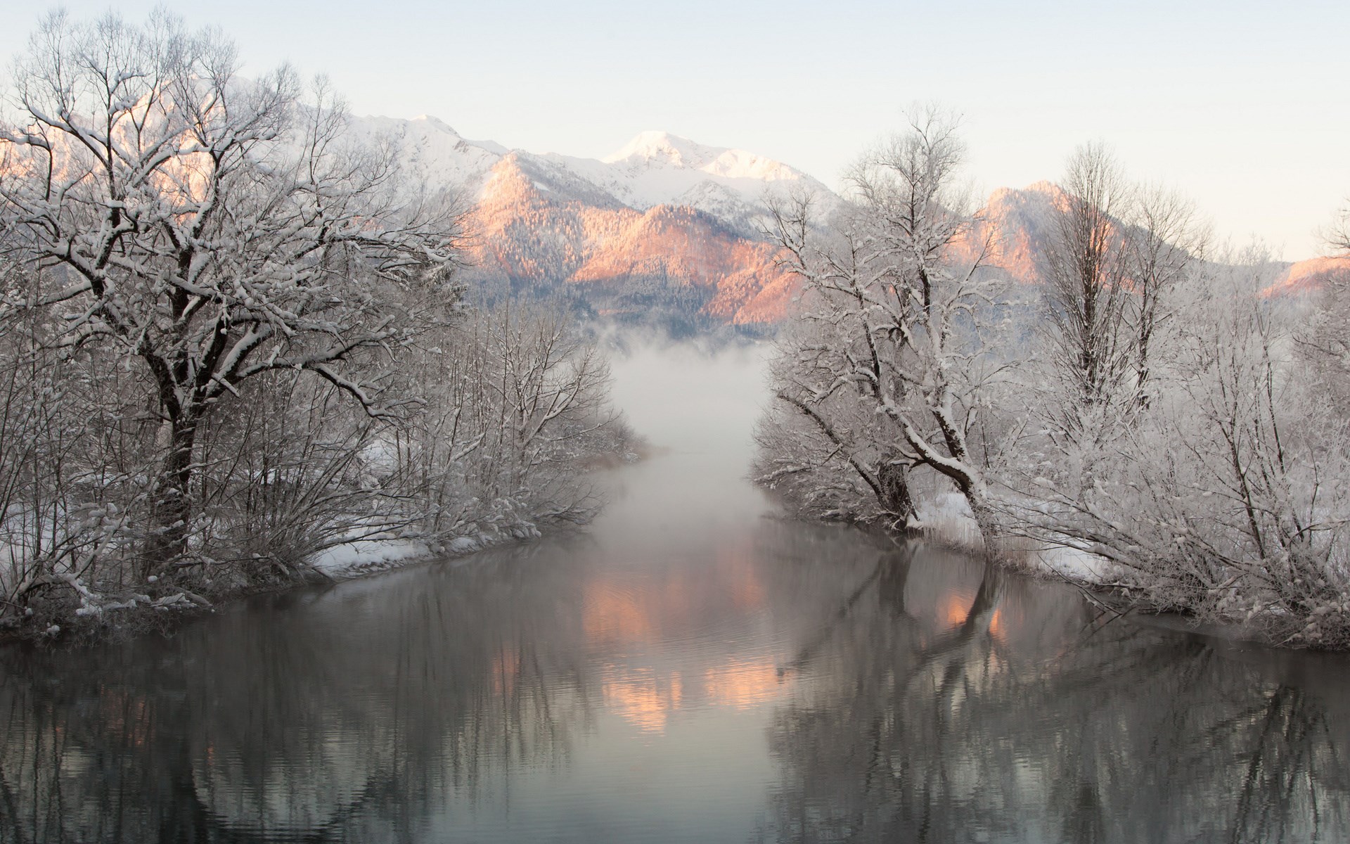 Snow-covered trees line a misty river with mountains in the background HD Wallpaper