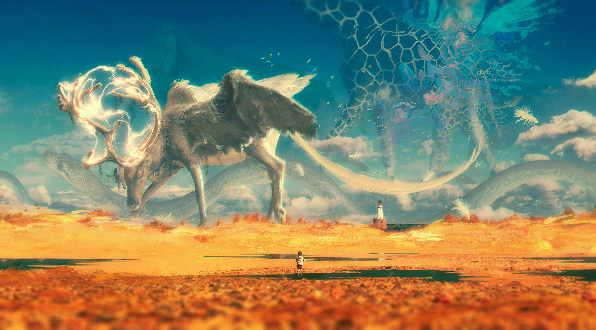 Fantasy creature with wings and horns in a desert landscape HD Wallpaper