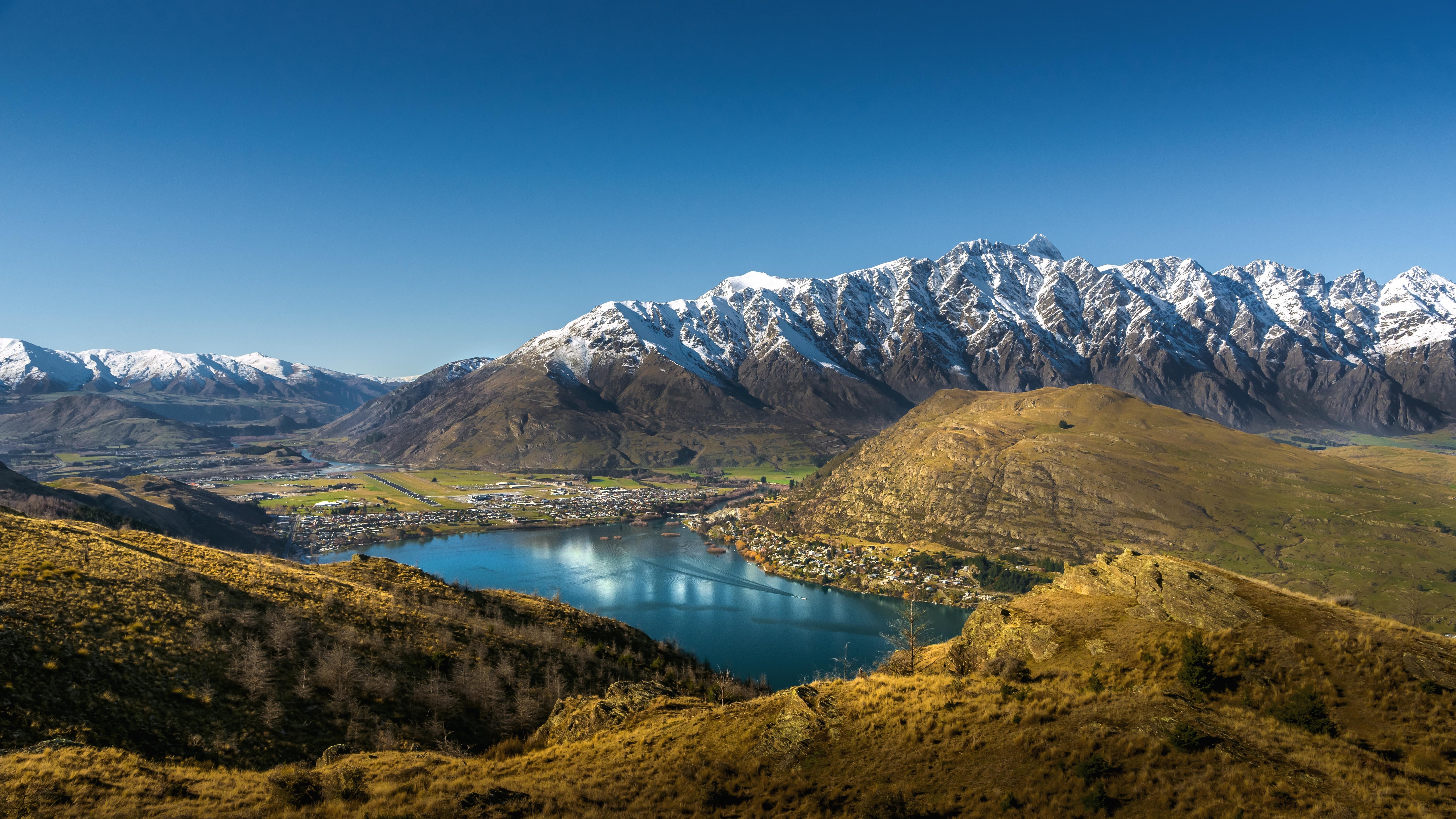 4K Queenstown landscape with lake and snow-capped mountains HD Wallpaper