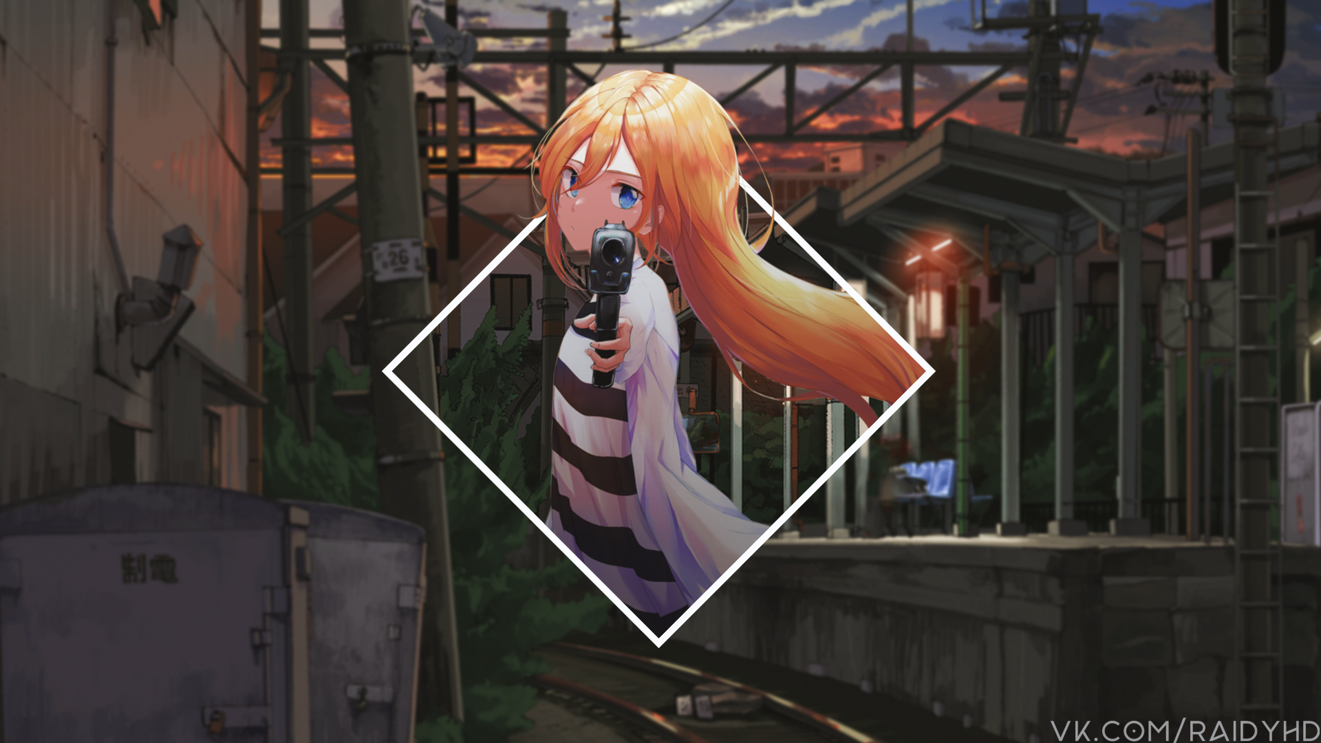 Anime girl with gun at train station at sunset HD Wallpaper