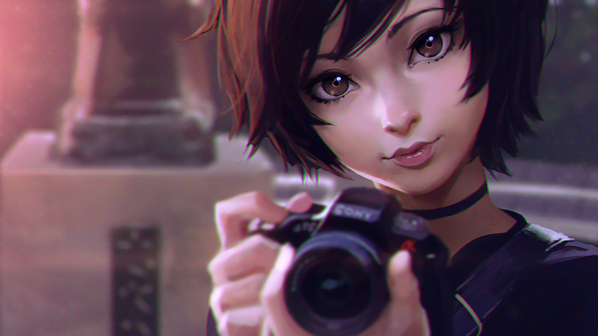 Anime girl holding a Sony camera HD Wallpaper