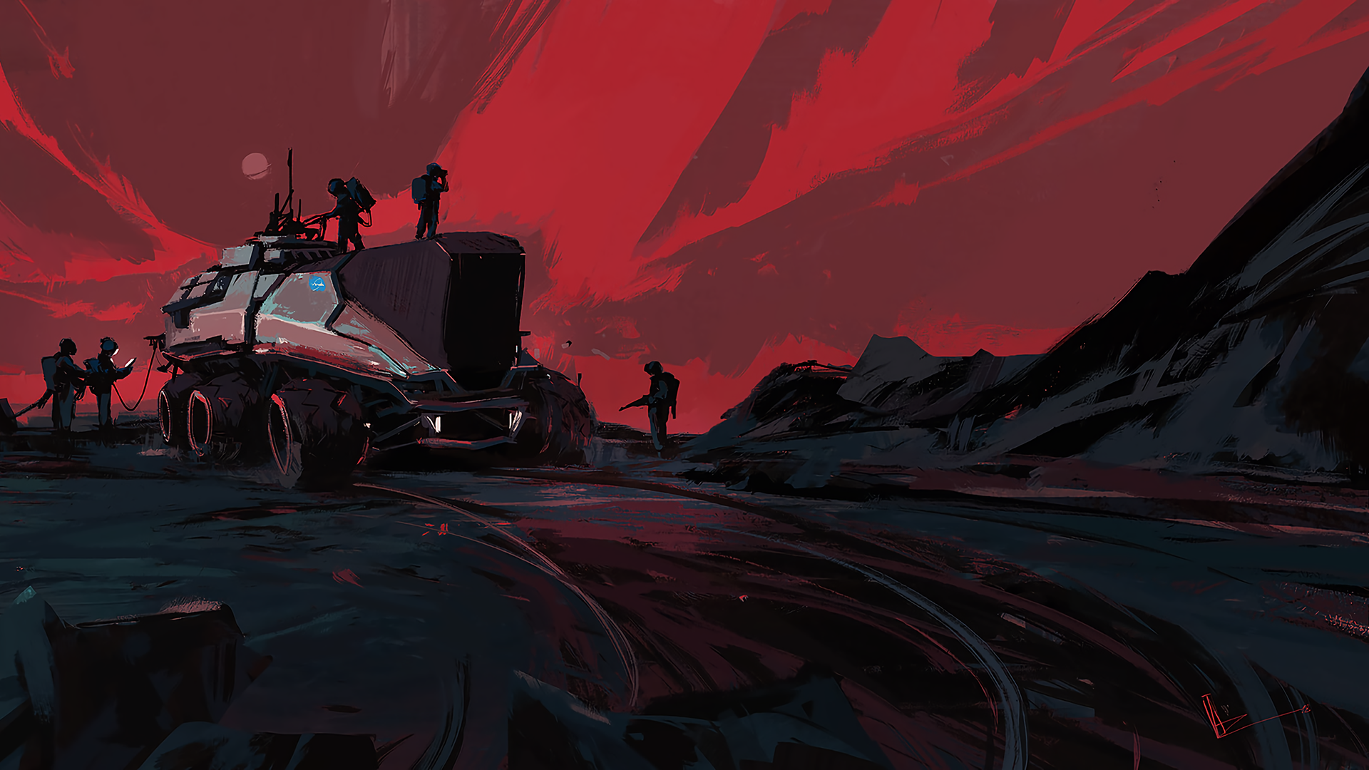 Astronauts with rover on alien planet under red sky HD Wallpaper