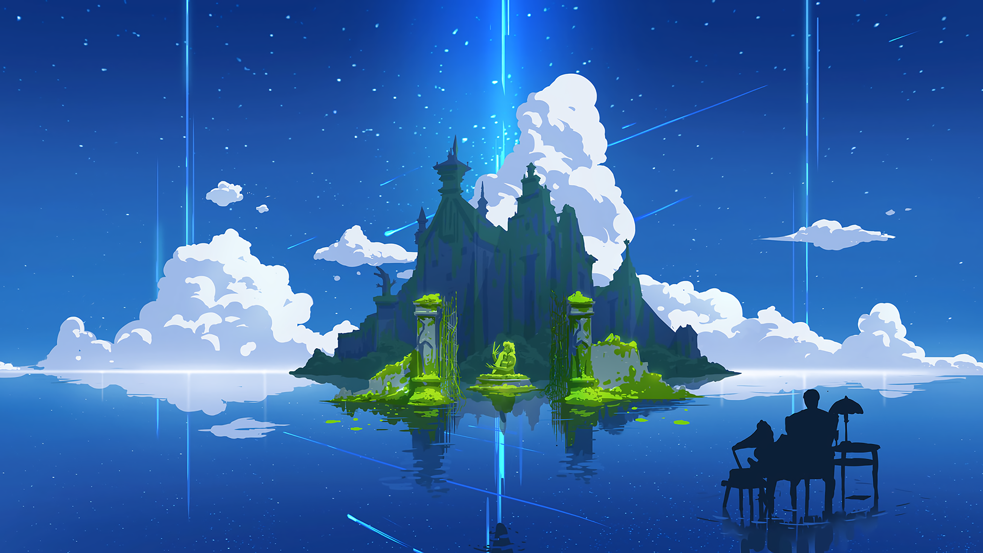 Fantasy island with ancient ruins and a person listening to a gramophone HD Wallpaper