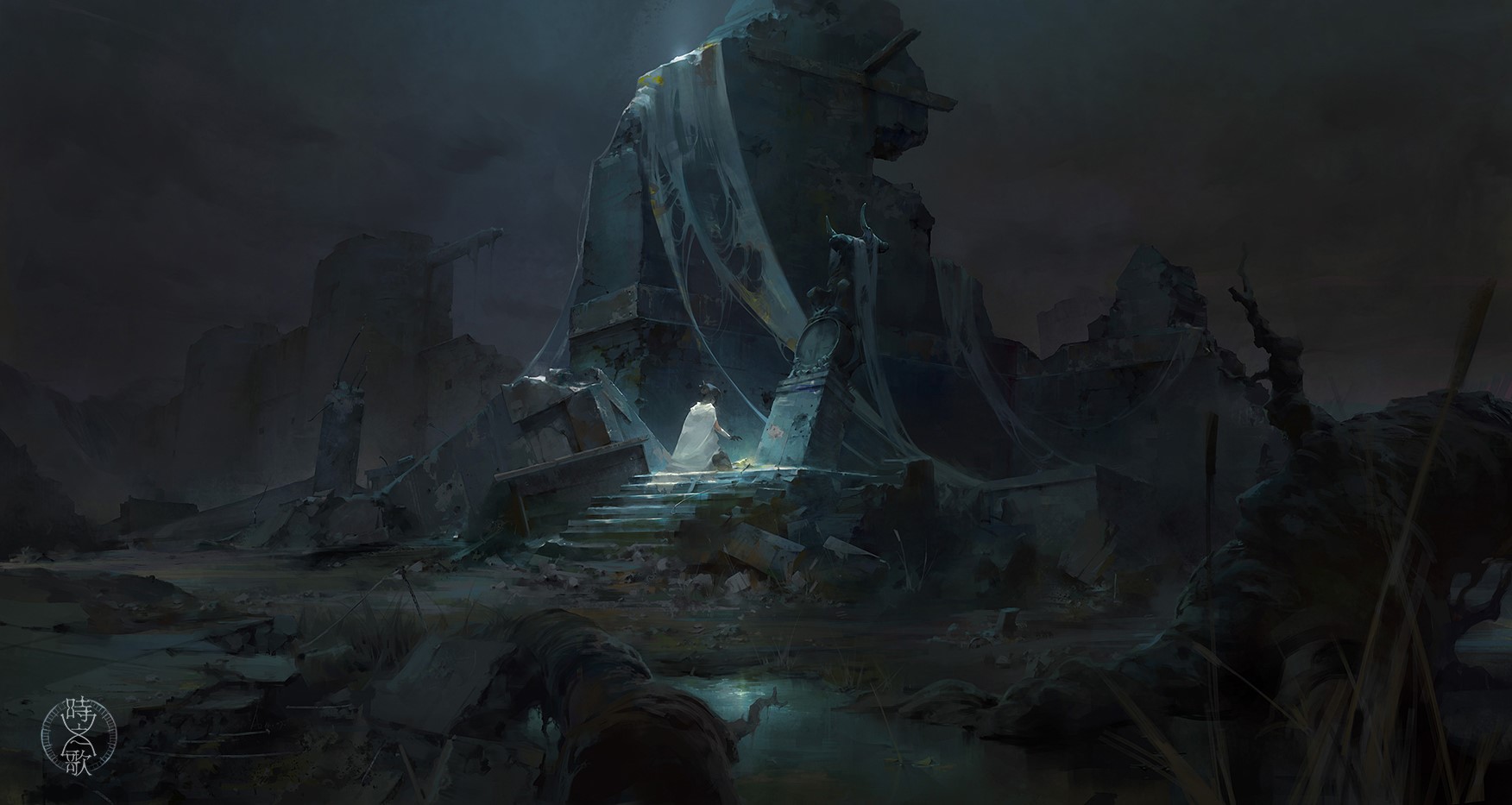 Ruined ancient structure with a person in white HD Wallpaper