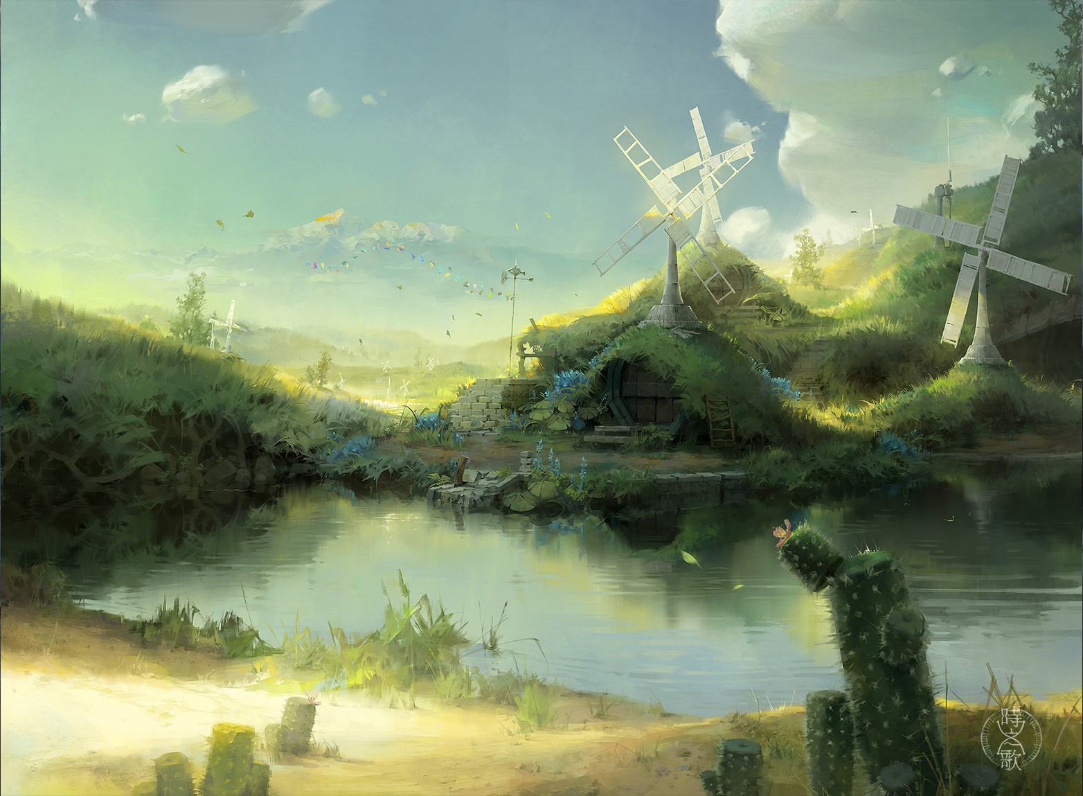 Fantasy landscape with windmills and a hobbit-like home HD Wallpaper